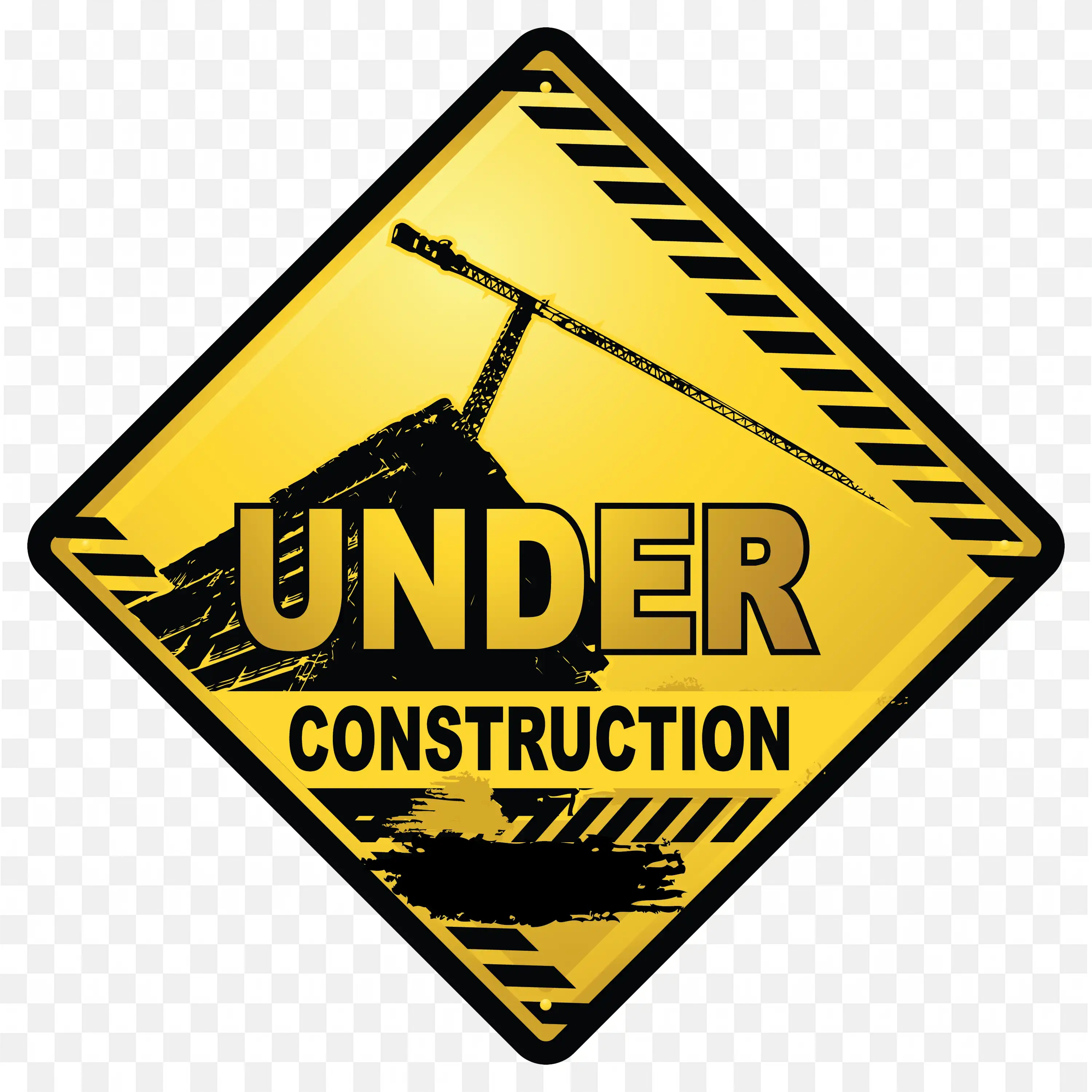 Bold Yellow Under Construction Sign with Crane Graphic Png