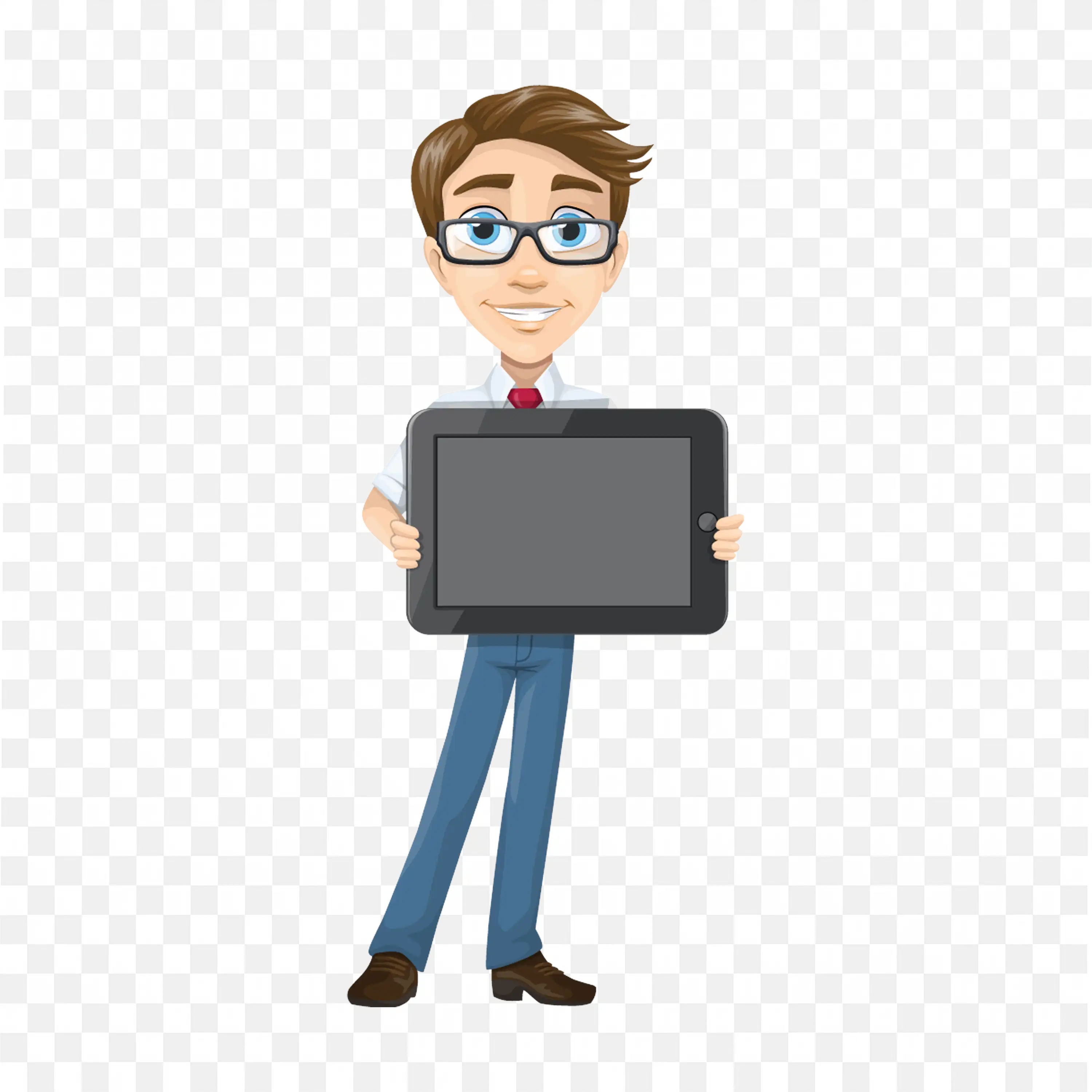 Boy Standing with Big Size Tablet with Smile Free Png Image