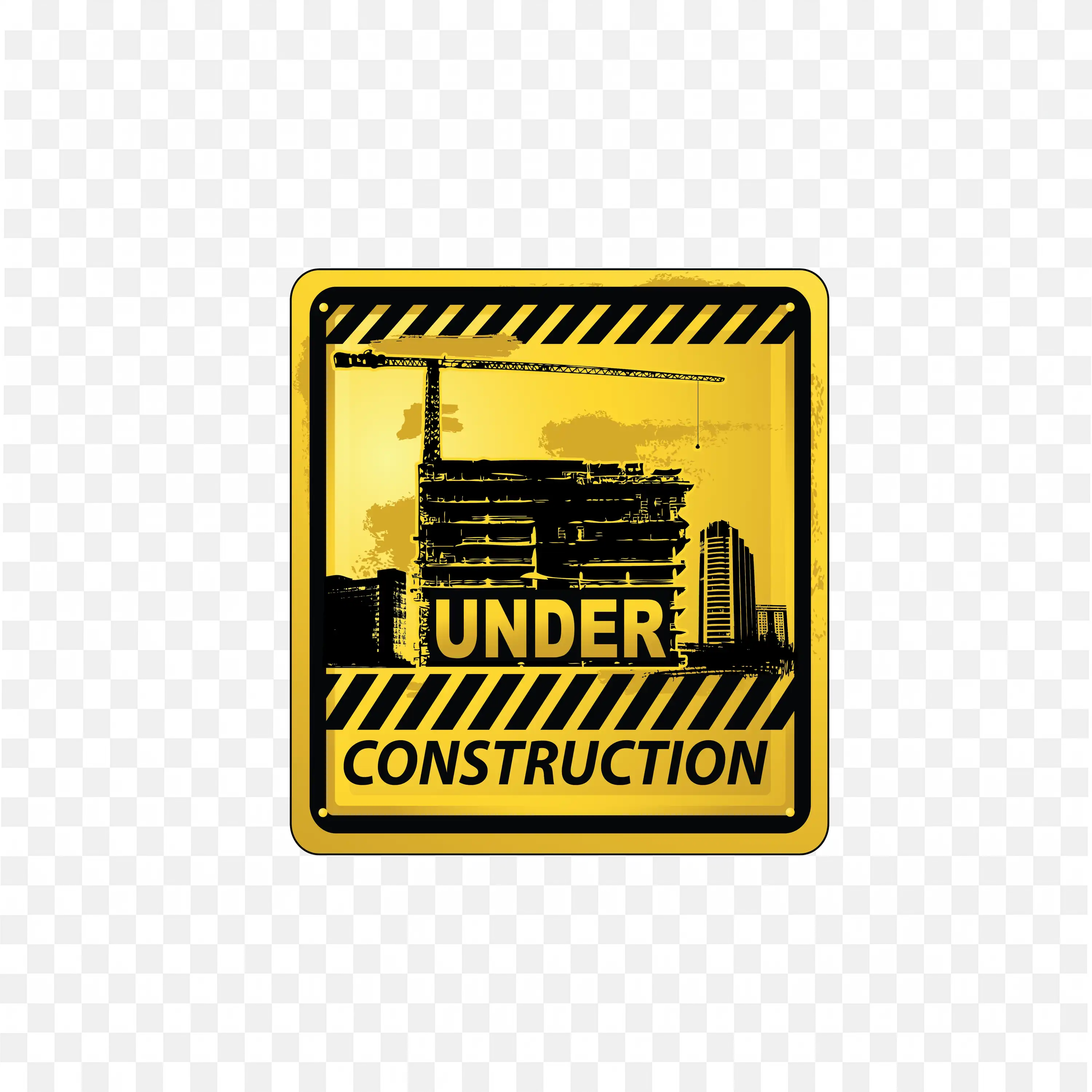 Bright Under Construction Warning Sign with Cityscape Png