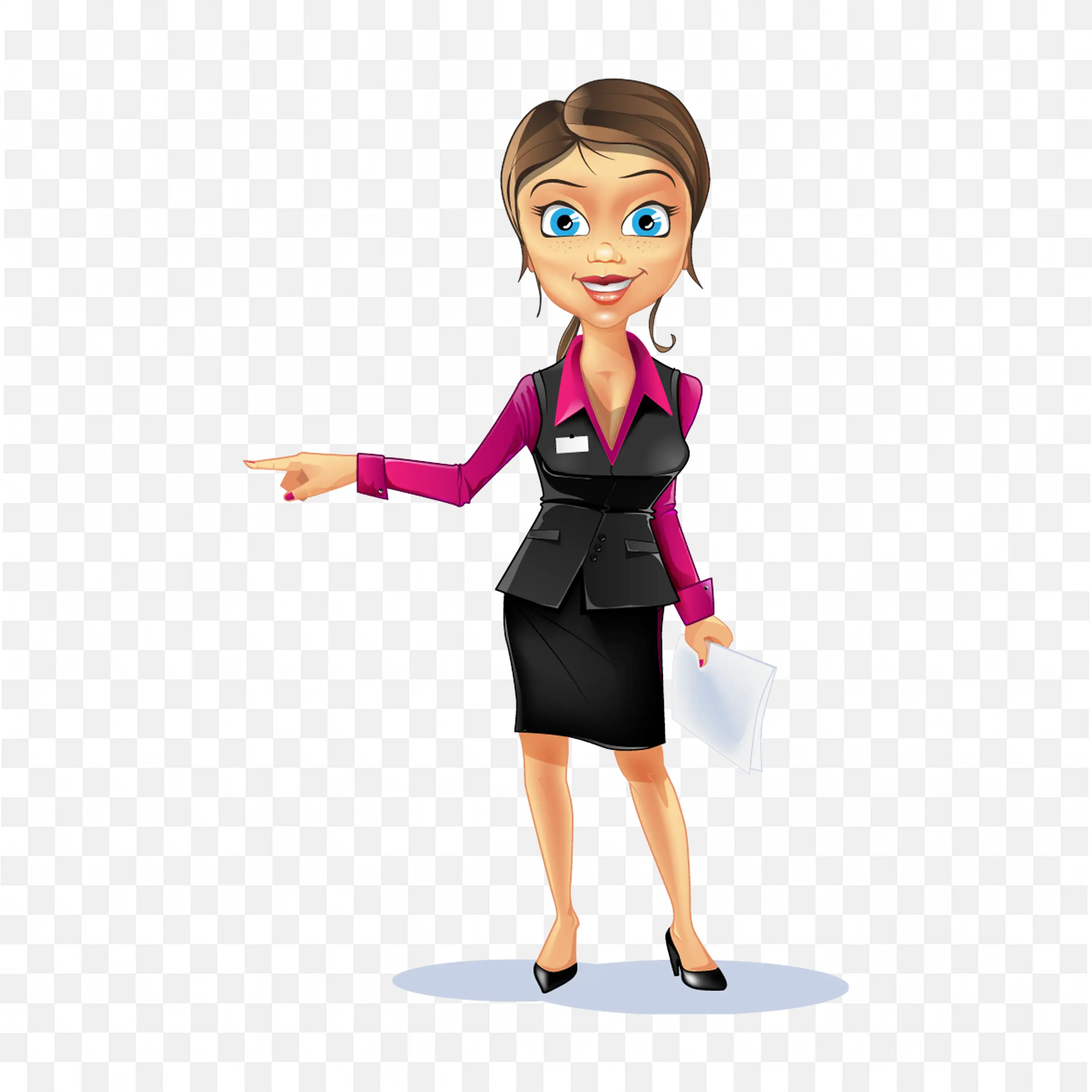 Cartoon Businesswoman Pointing While Holding Papers Free Png