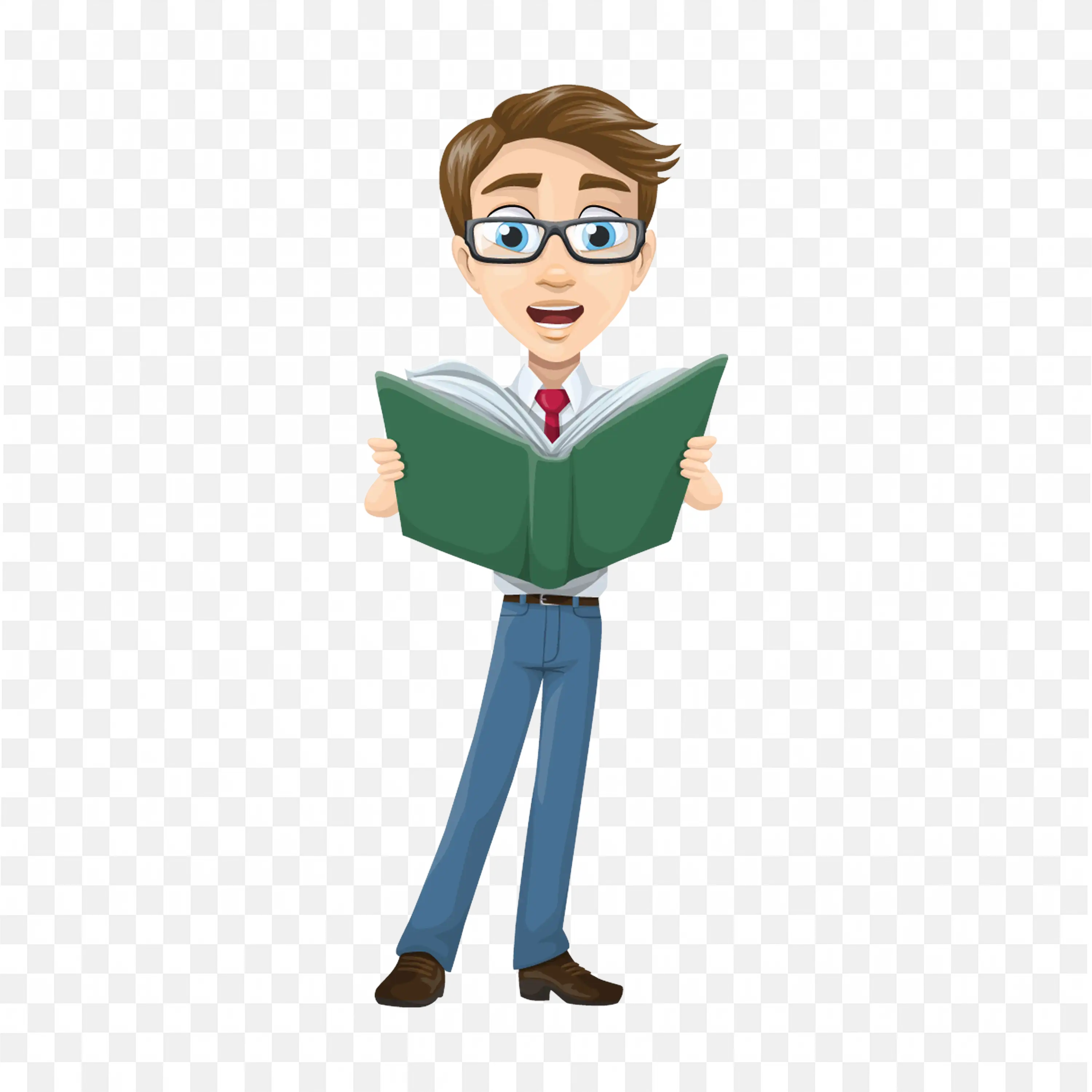 Cartoon Man Reading a Book with White Shirt and Blue Jeans