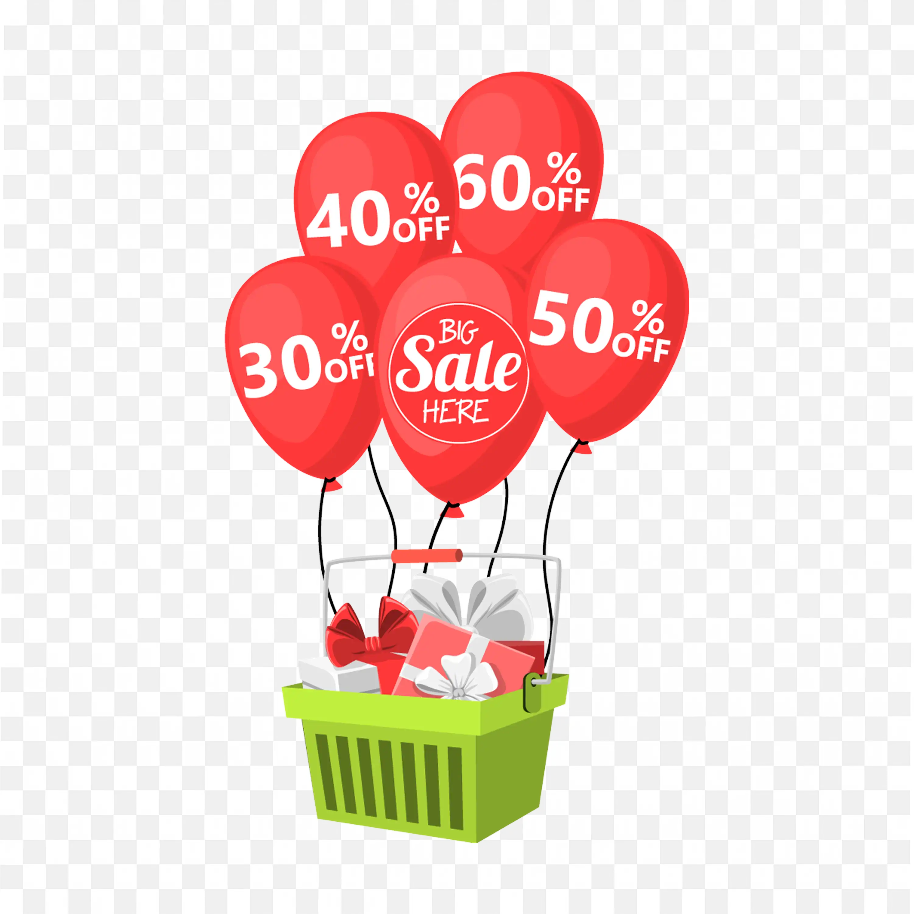 Red Discount Balloons and Gift Basket Big Sale Offers Png