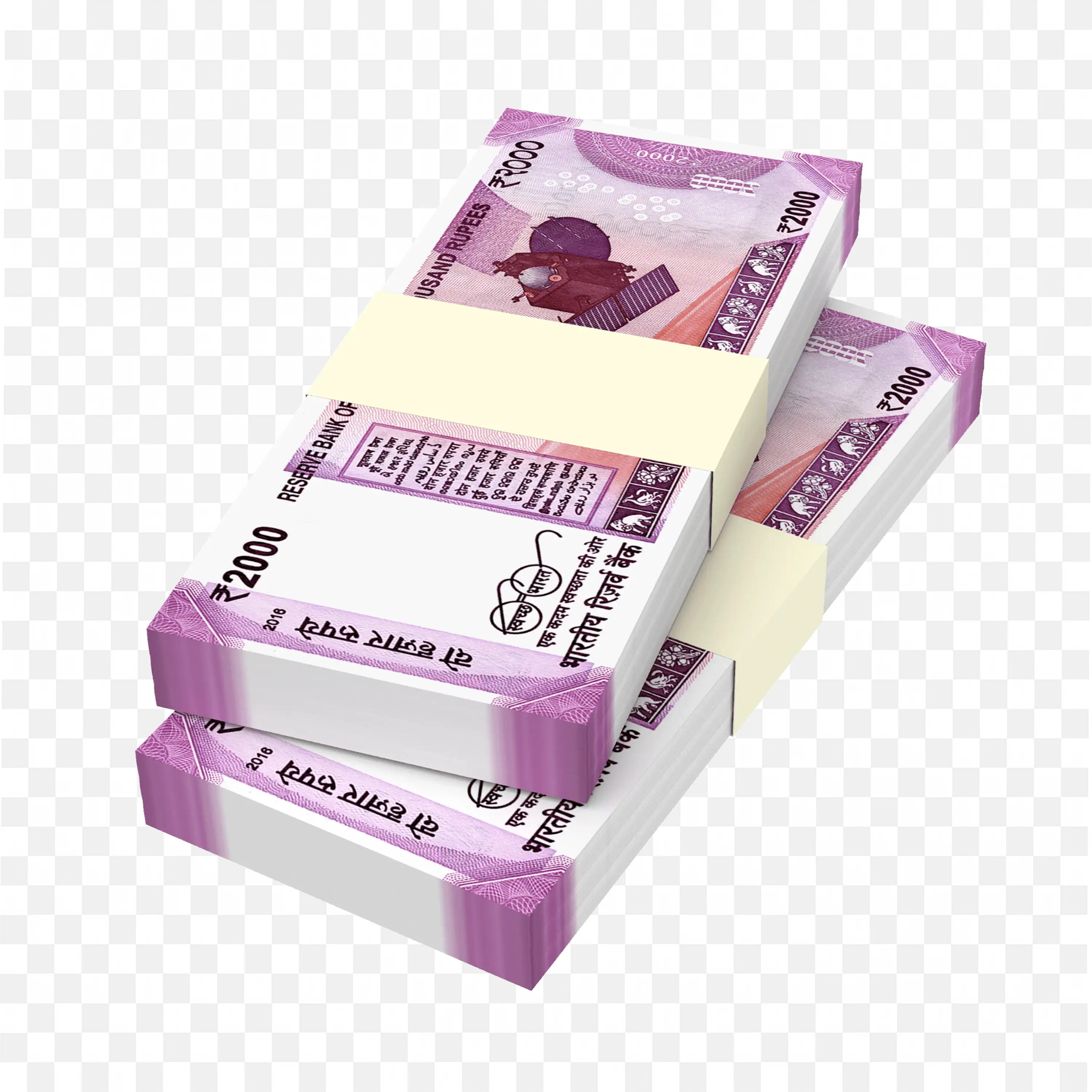 Two Thick Bundles of Indian 2000 Rupee Notes Wrapped Png