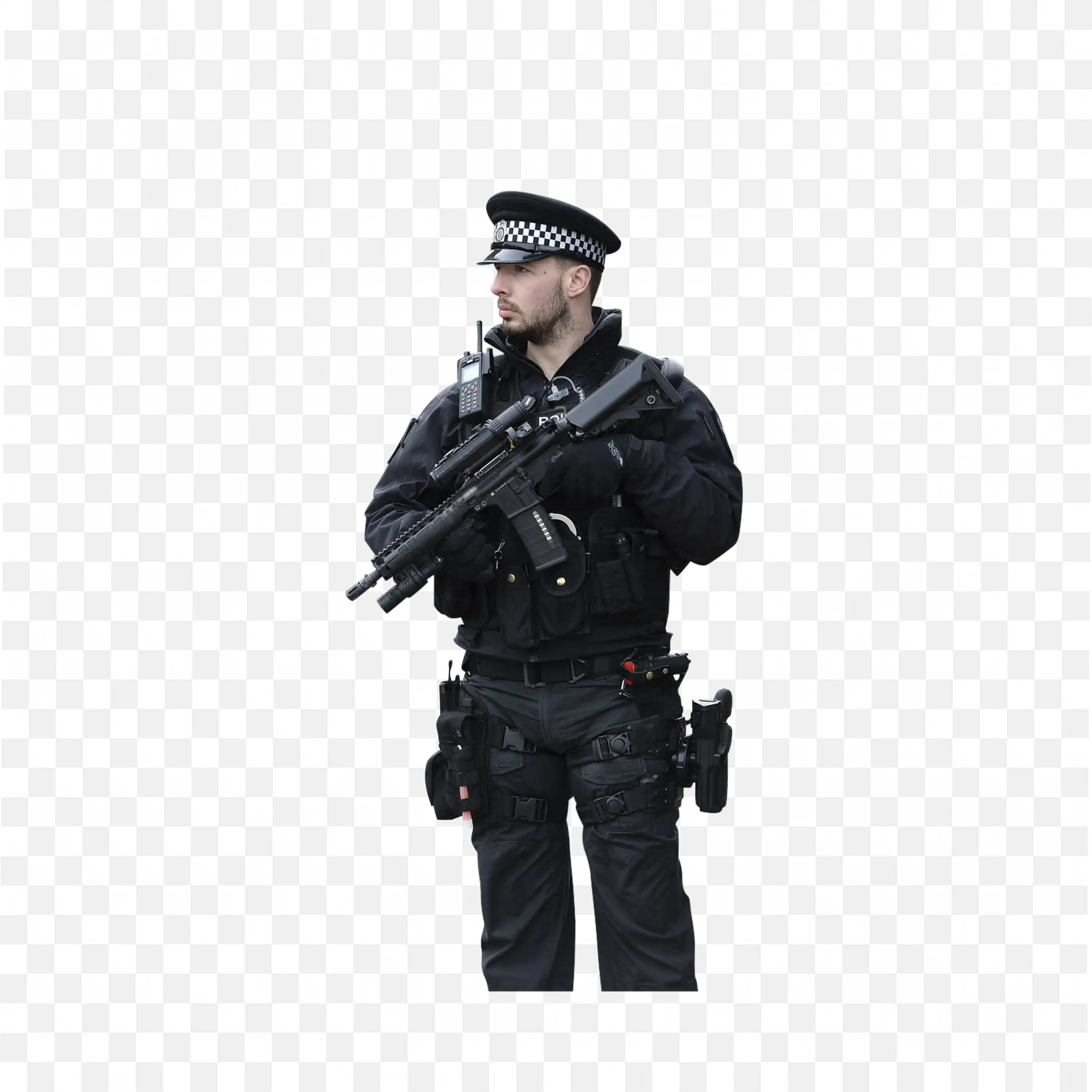 Armed Police Officer in Tactical Gear Holding Rifle Free Png