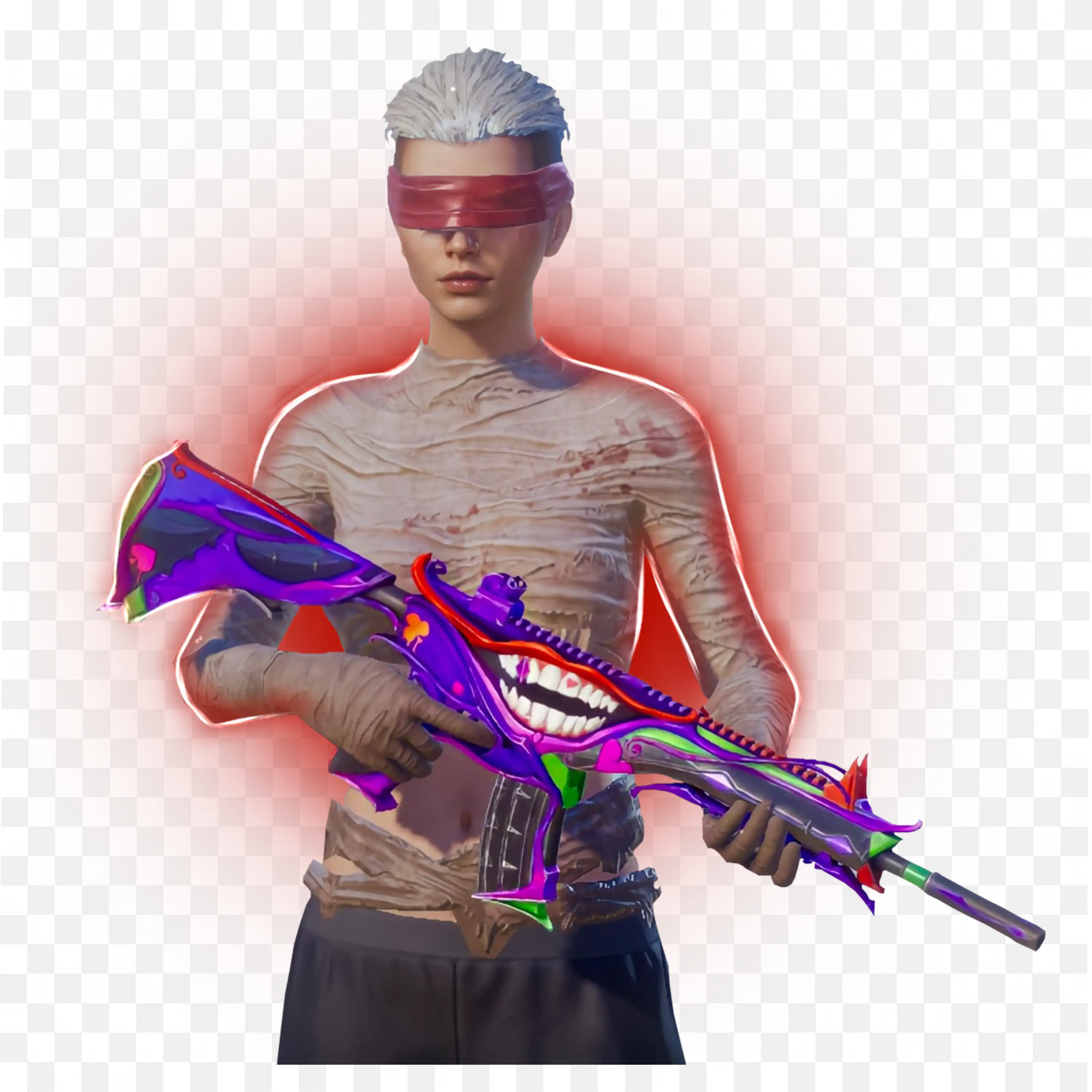 Blindfolded Fighter with Wrapped Body and Vibrant Rifle Png