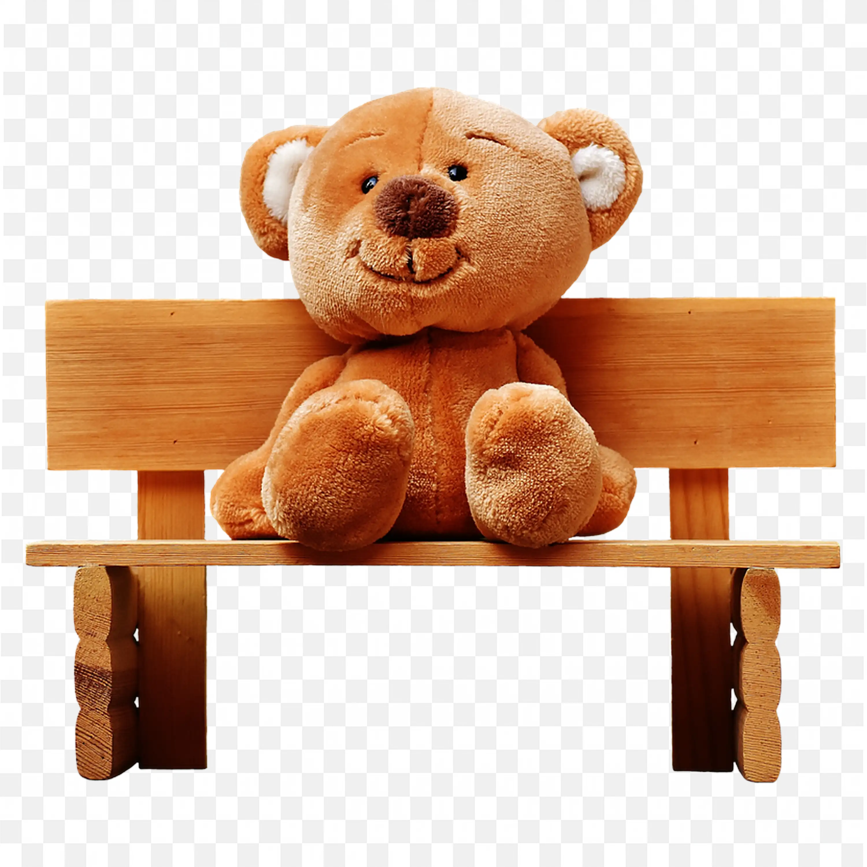 Brownish Teddy Bear Sitting on Wooden Bench Free Png