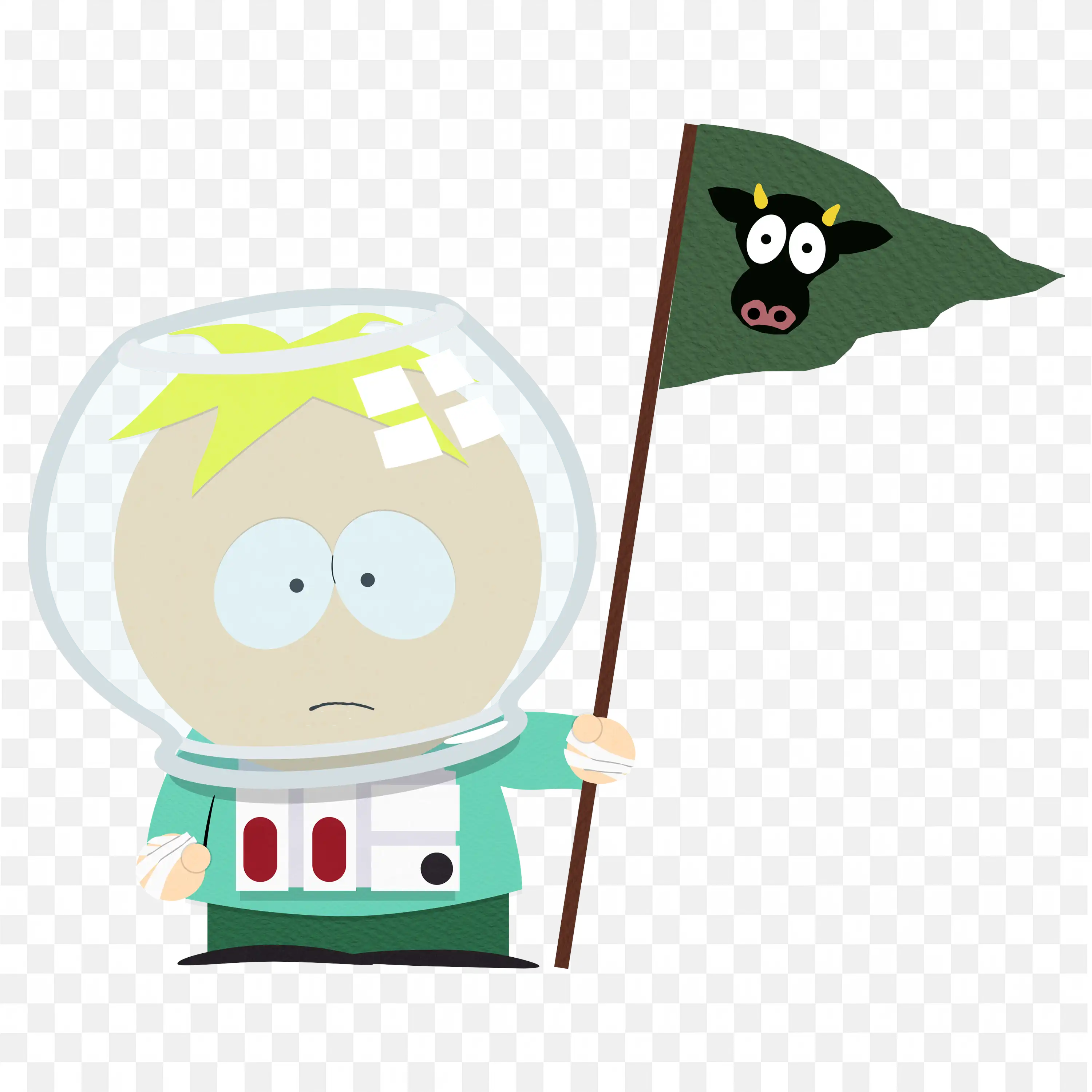 Butters Stotch in Fishbowl Helmet Holding Flag of Cow Png