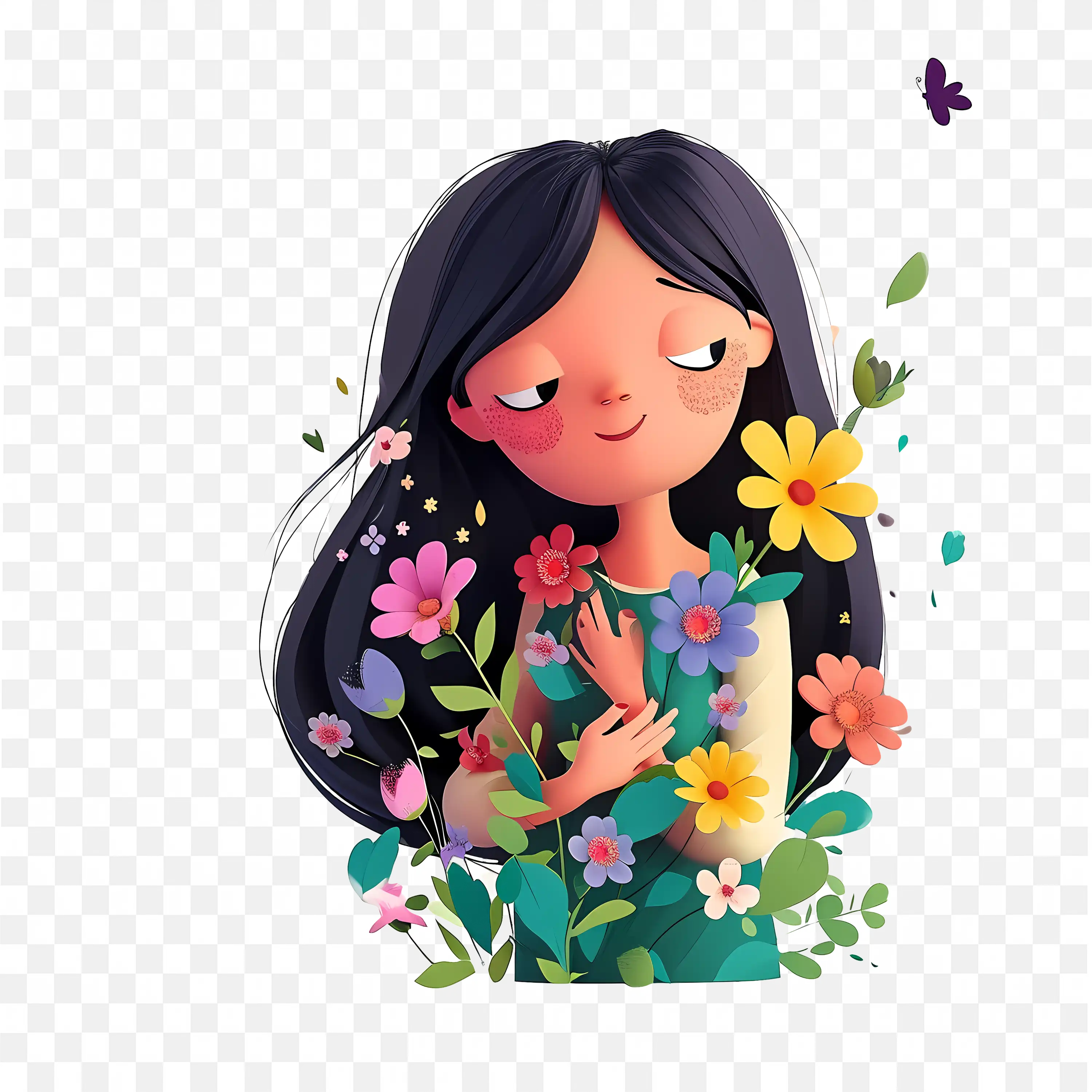 Cartoon Girl Character Surrounded By Colorful Flowers Art