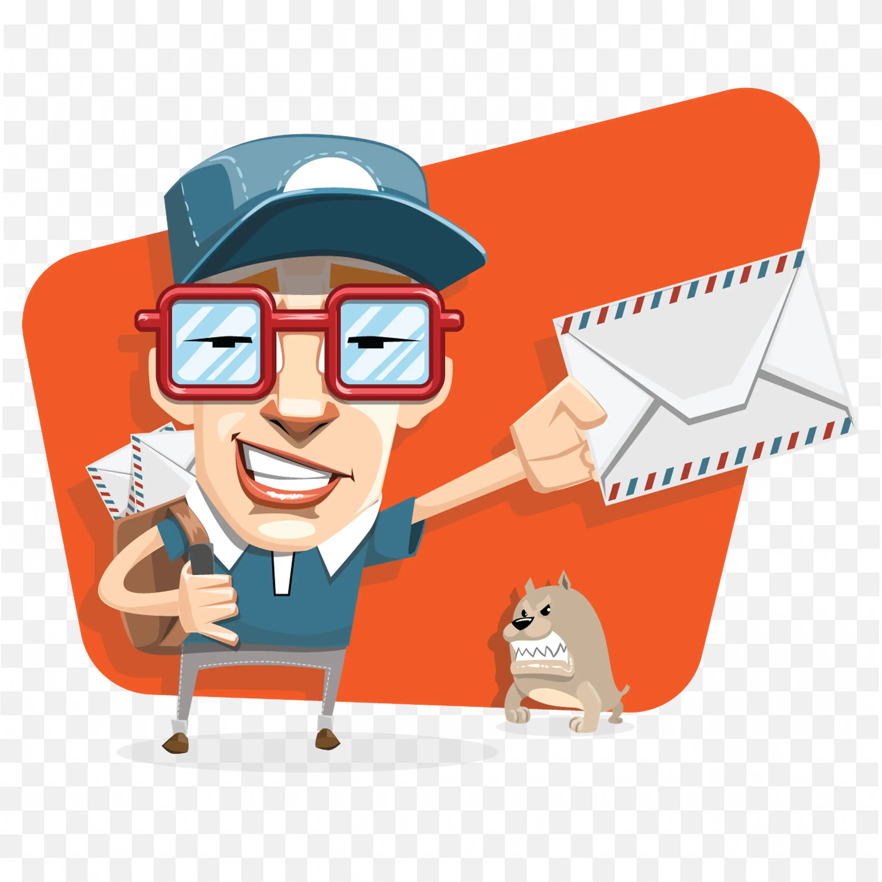 Cartoon Mailman with Red Glasses and Angry Dog Png Images