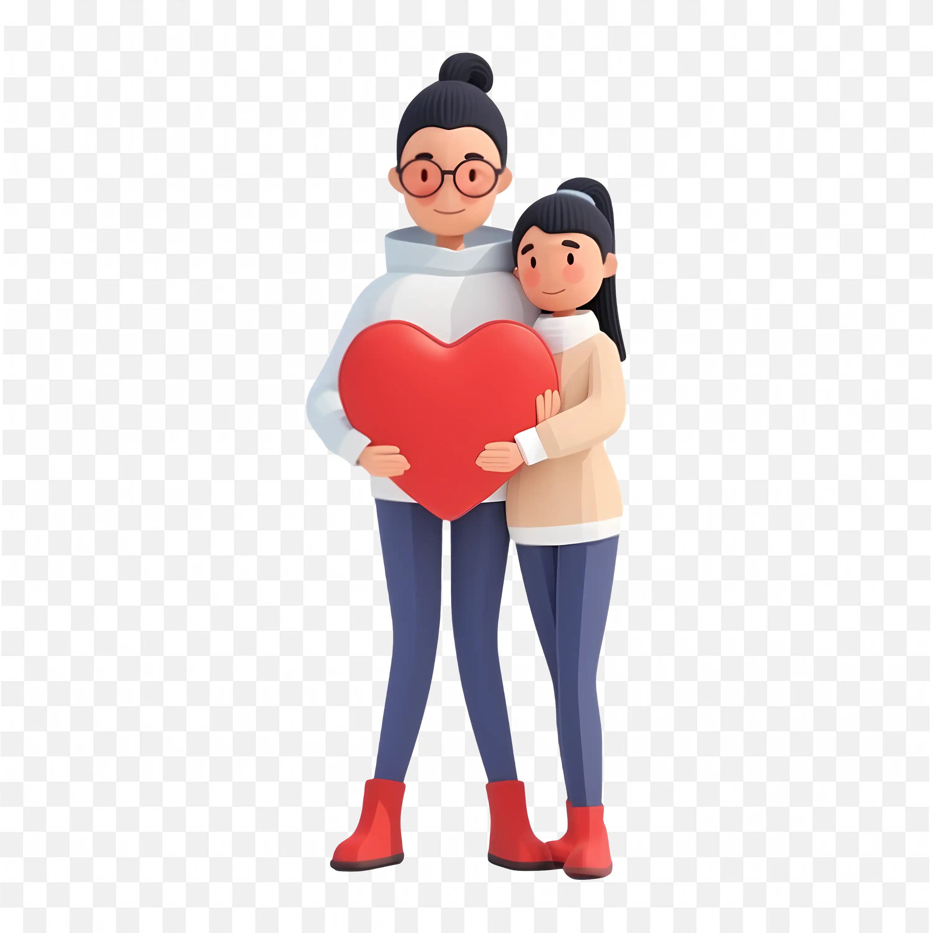 3D Cartoon Mother and Child Holding Love Heart Cute Scene