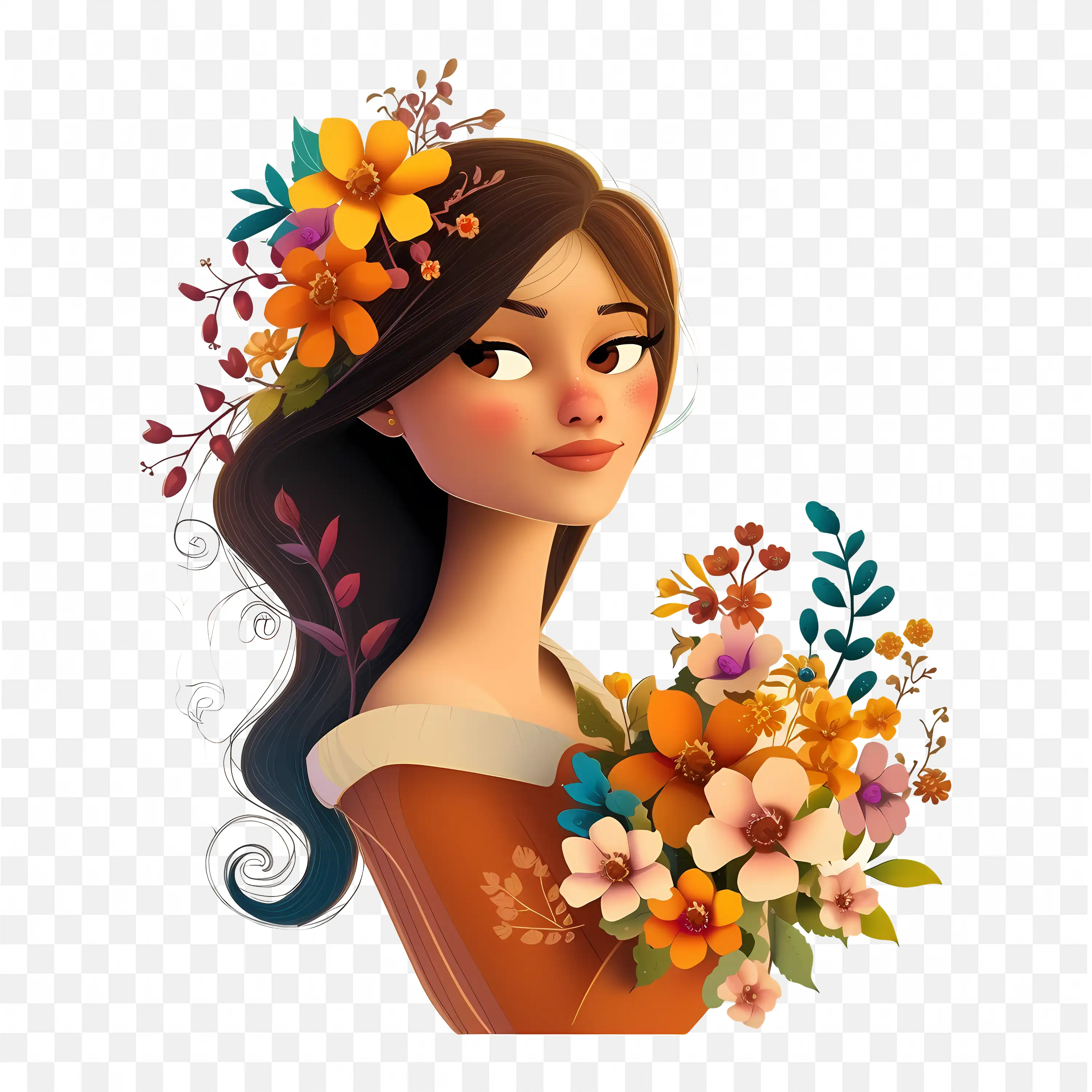 3D Cartoon Woman with Colorful Flowers in Her Hair Png
