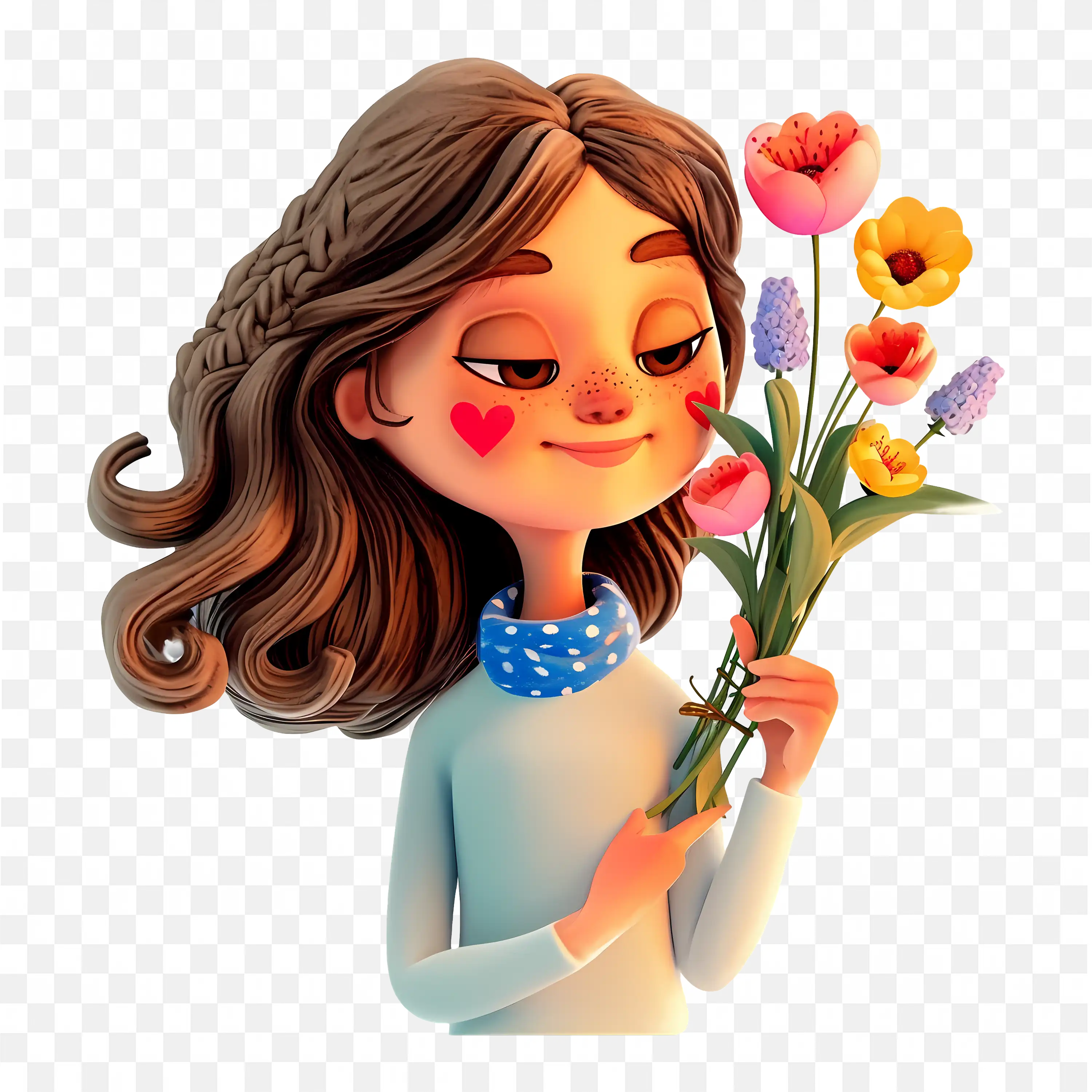 Cartoon 3D Woman Holding Flowers on Hands