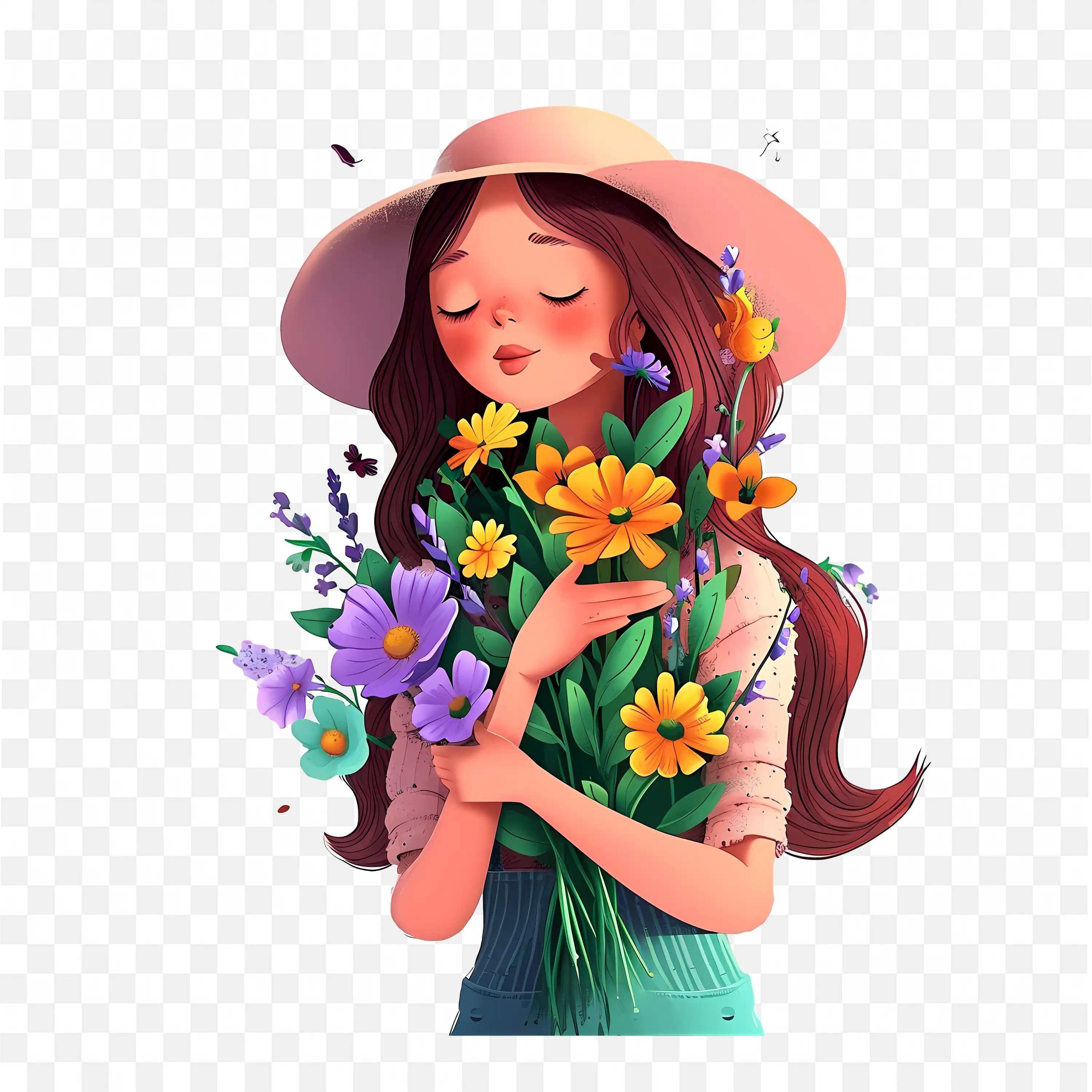 Charming 3D of a Girl Holding Colorful Bouquet of Flowers