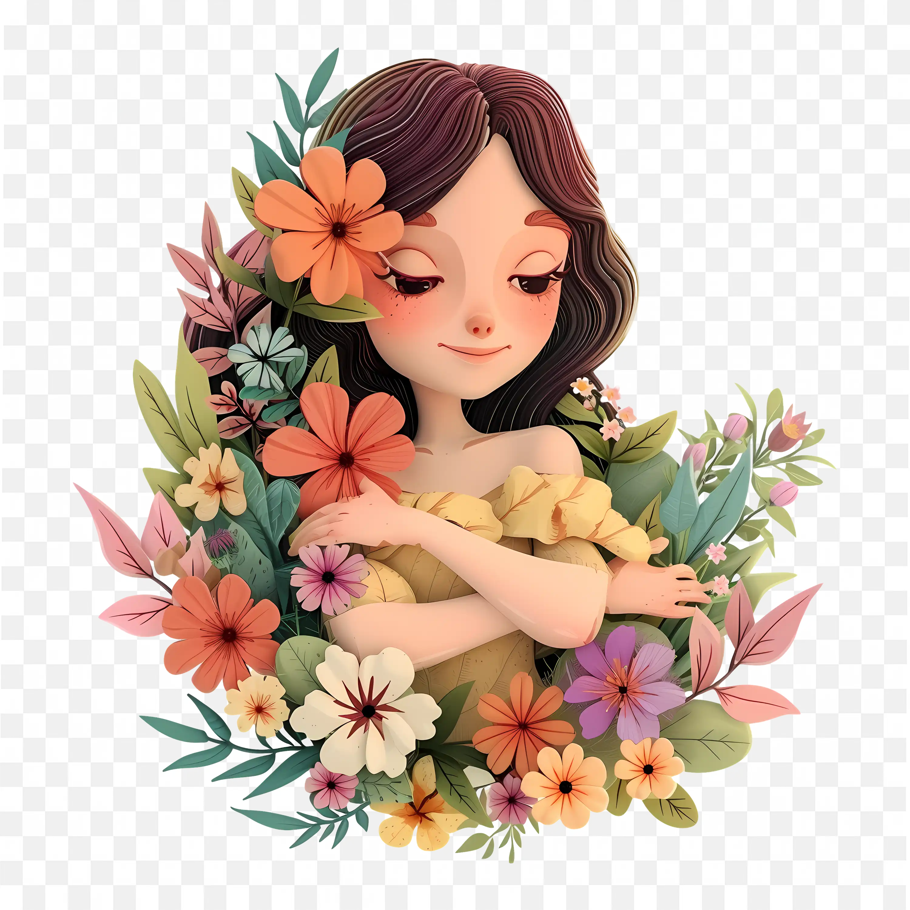 Charming 3D Illustration of a Woman Surrounded By Flowers