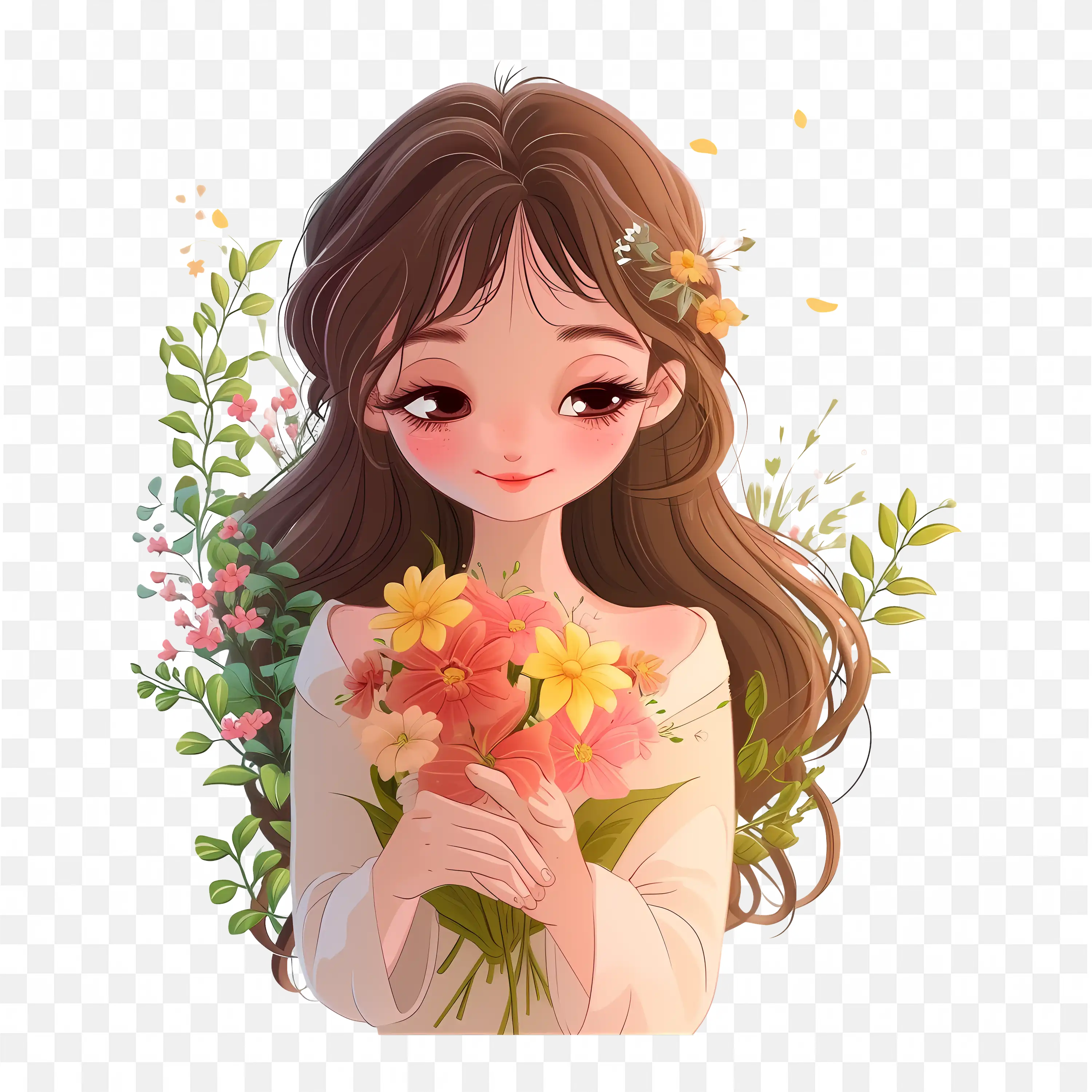 Charming 3D Young Girl Holding a Bouquet of Flowers