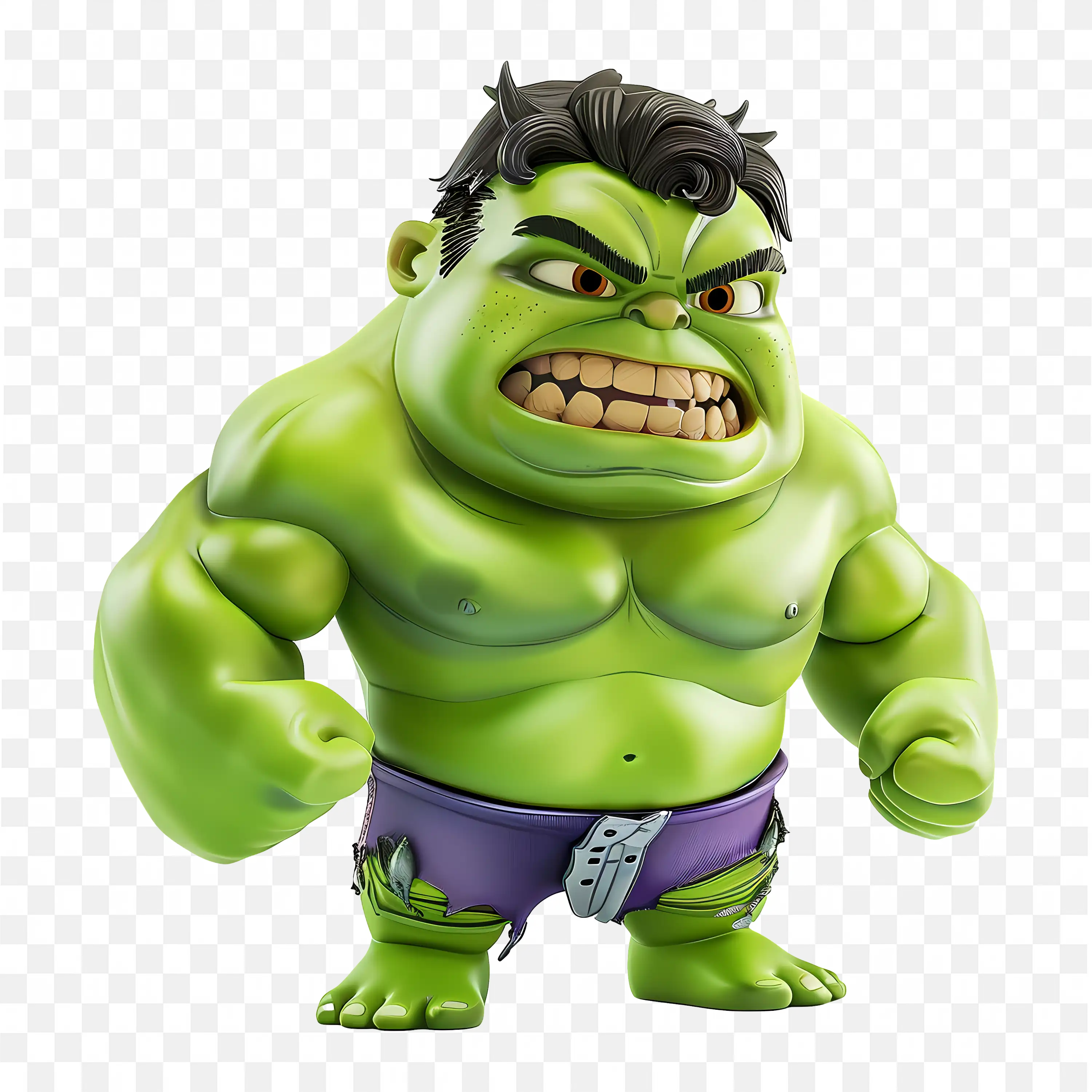 3D Chubby Green Hulk Cartoon with Angry Face Reaction