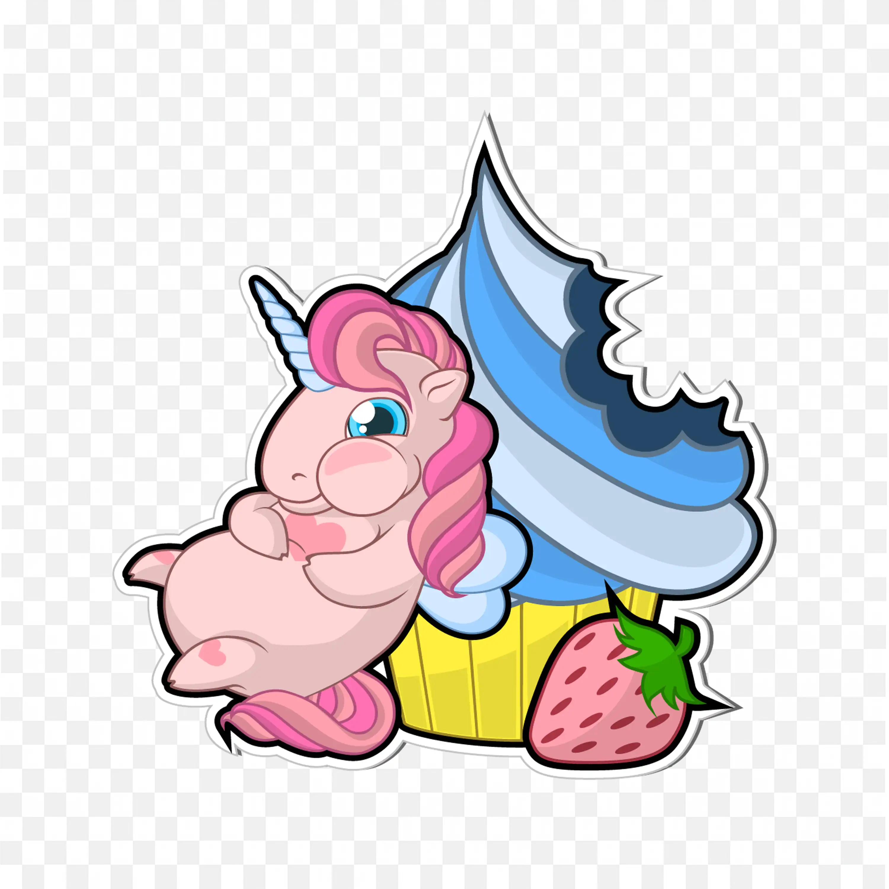 Cute Chubby Unicorn with Cupcake and Strawberry Bite Png