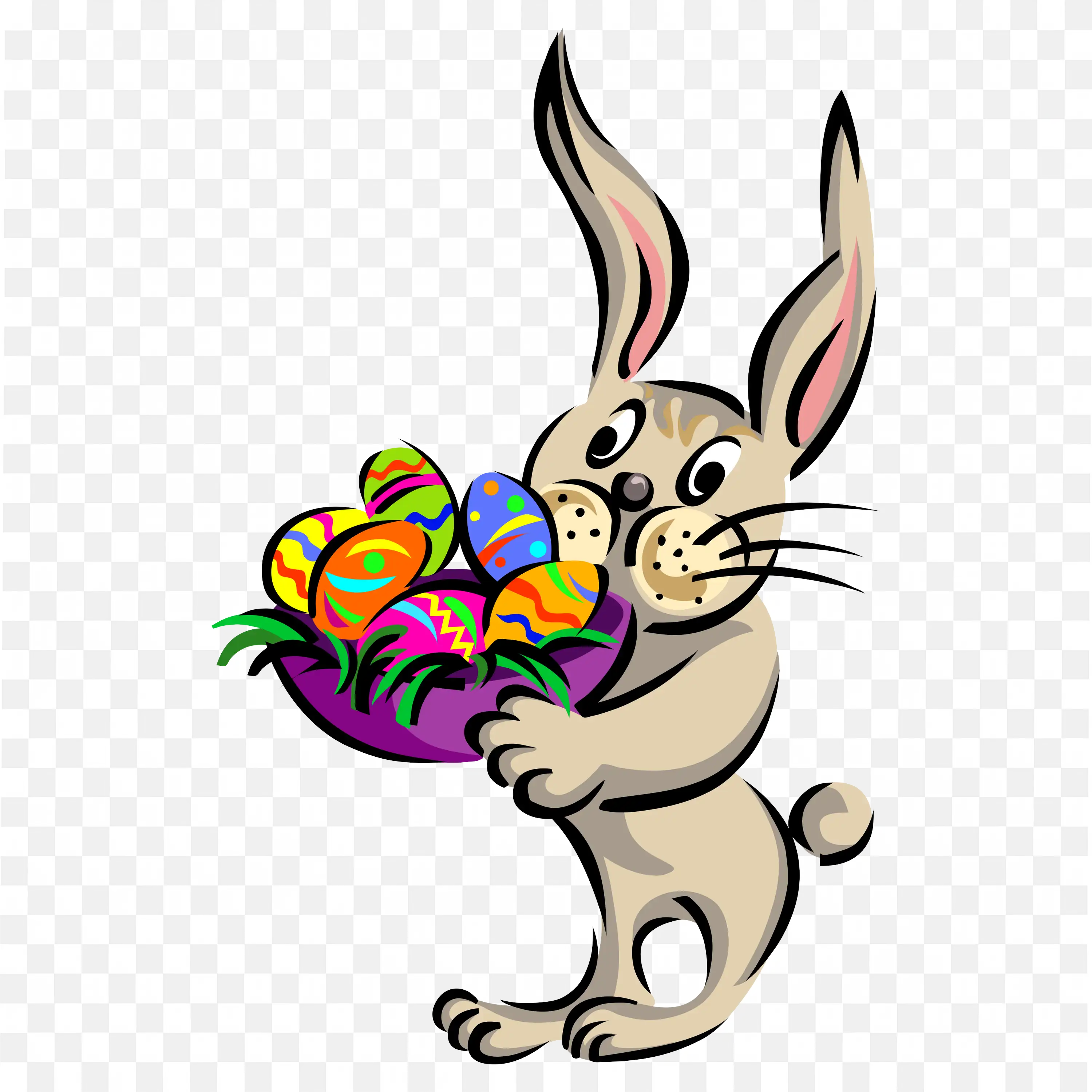 Cute Easter Bunny Holding Colourful Basket of Eggs Png