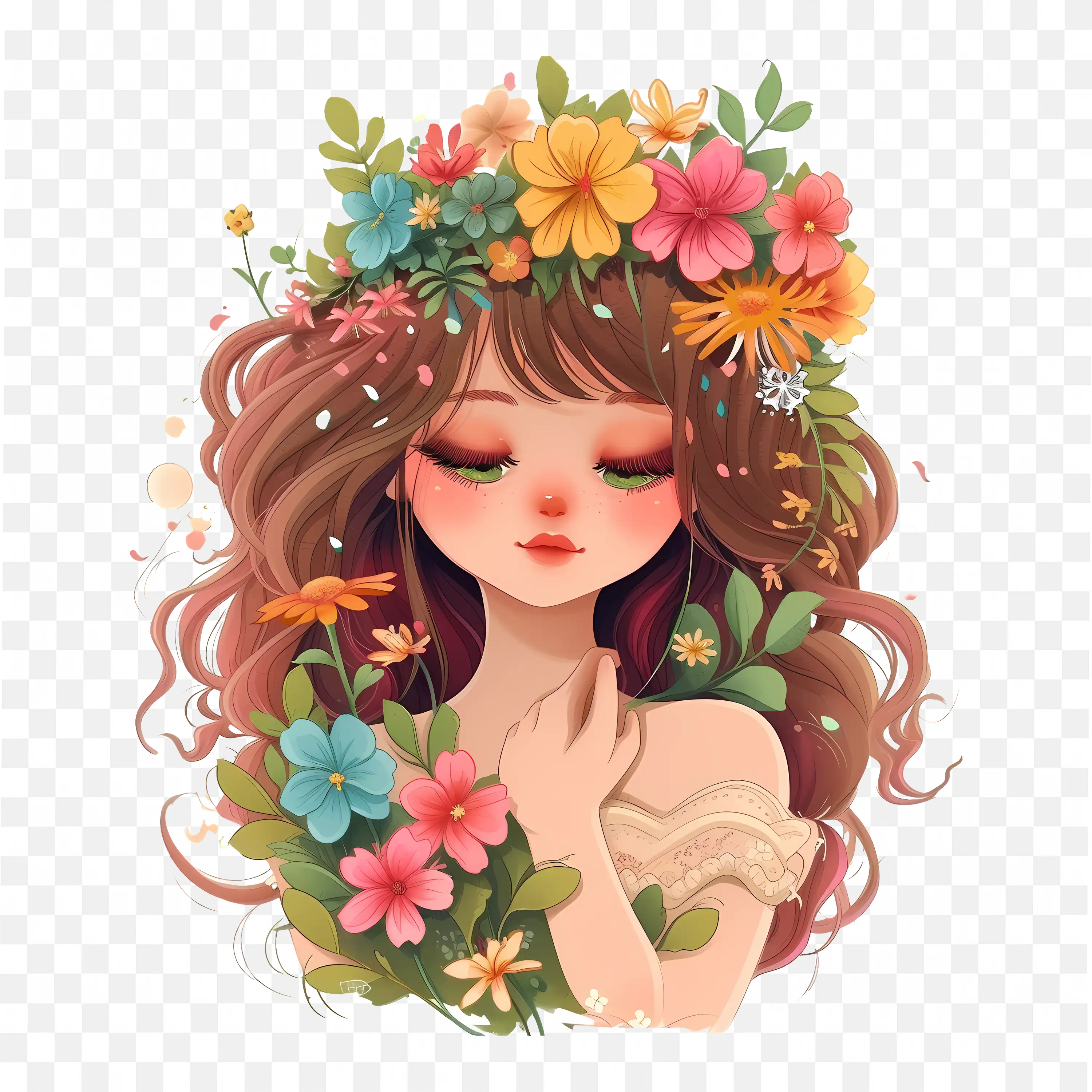 Cute Flower Girl Png Adorable Cartoon with Floral Dress
