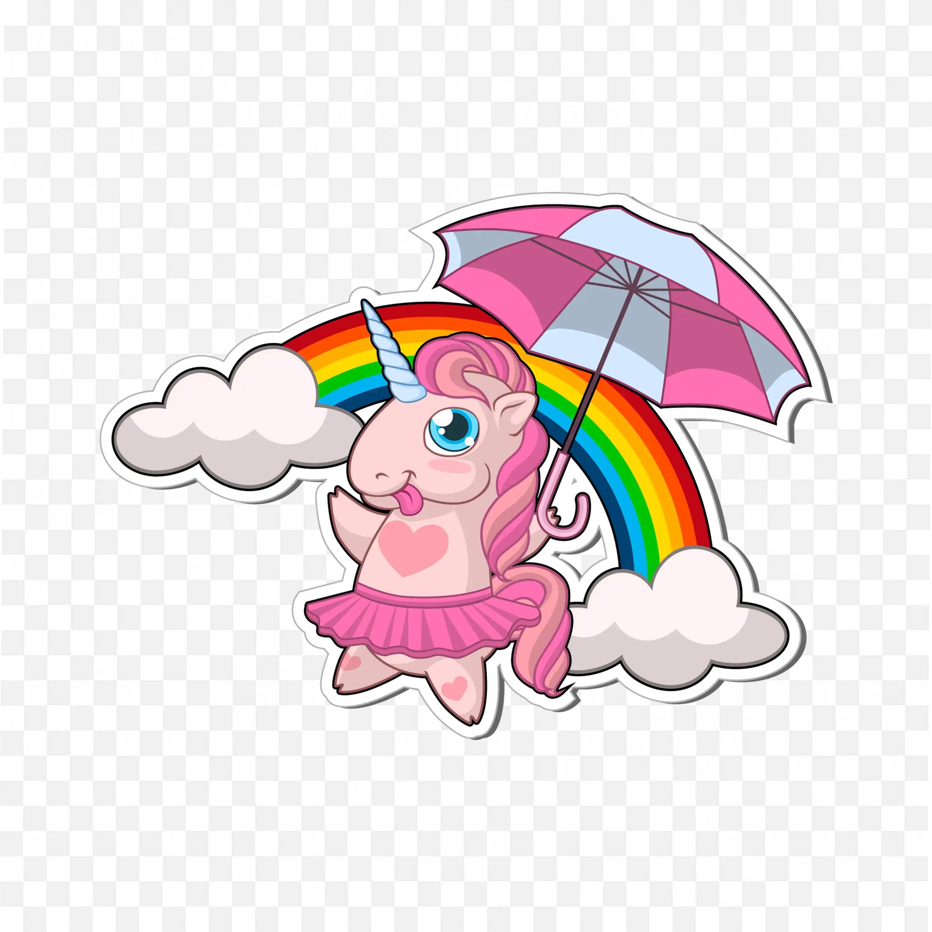 Cute Pink Unicorn with an Umbrella and a Rainbow Free Png
