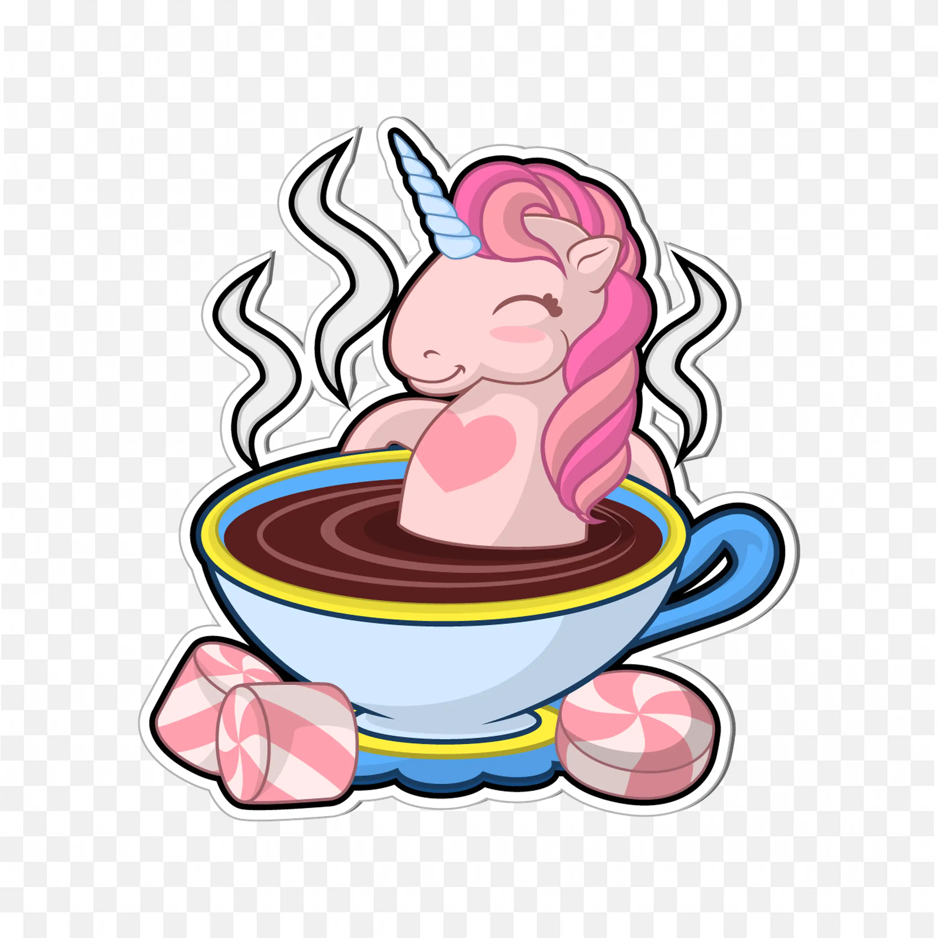 Cute Unicorn in Hot Chocolate Cup with Marshmallows