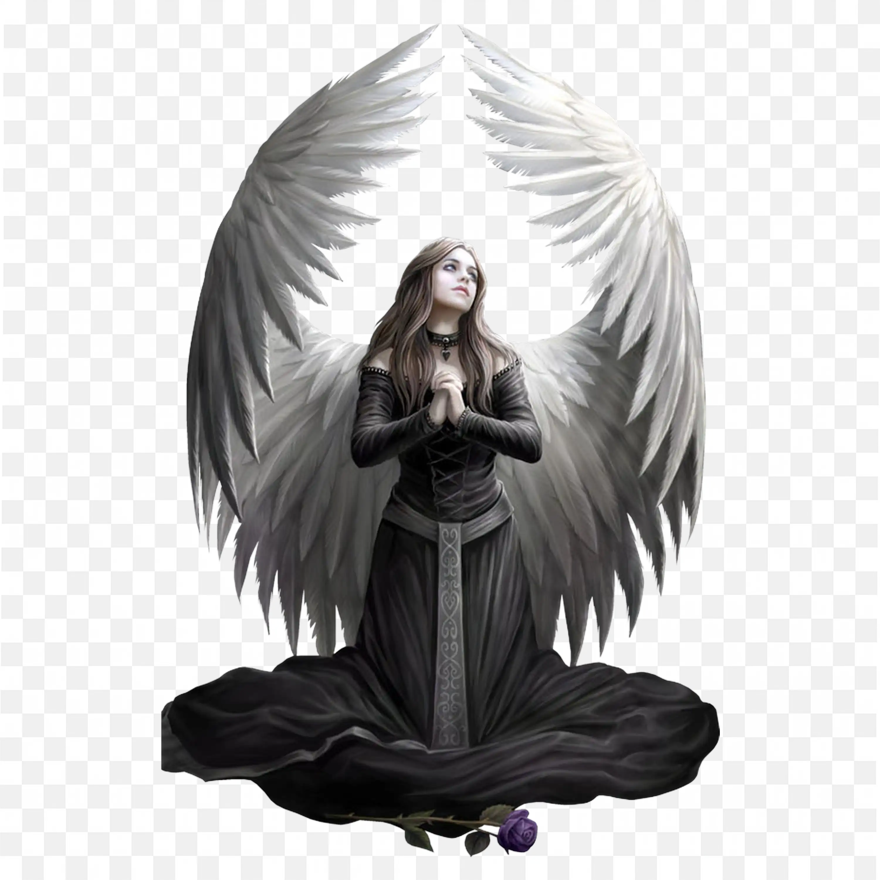 Dark Angel Praying with White Wings and Purple Rose Png