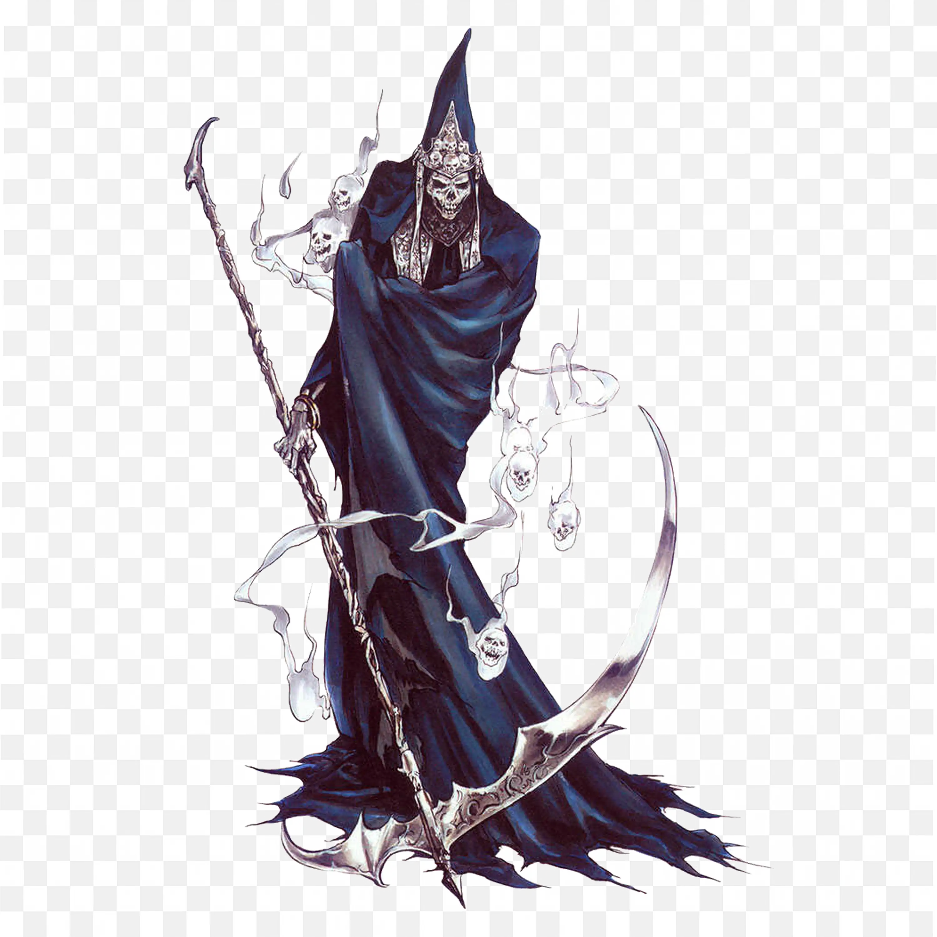 Dark Grim Reaper with Scythe and Floating Skulls Png Art