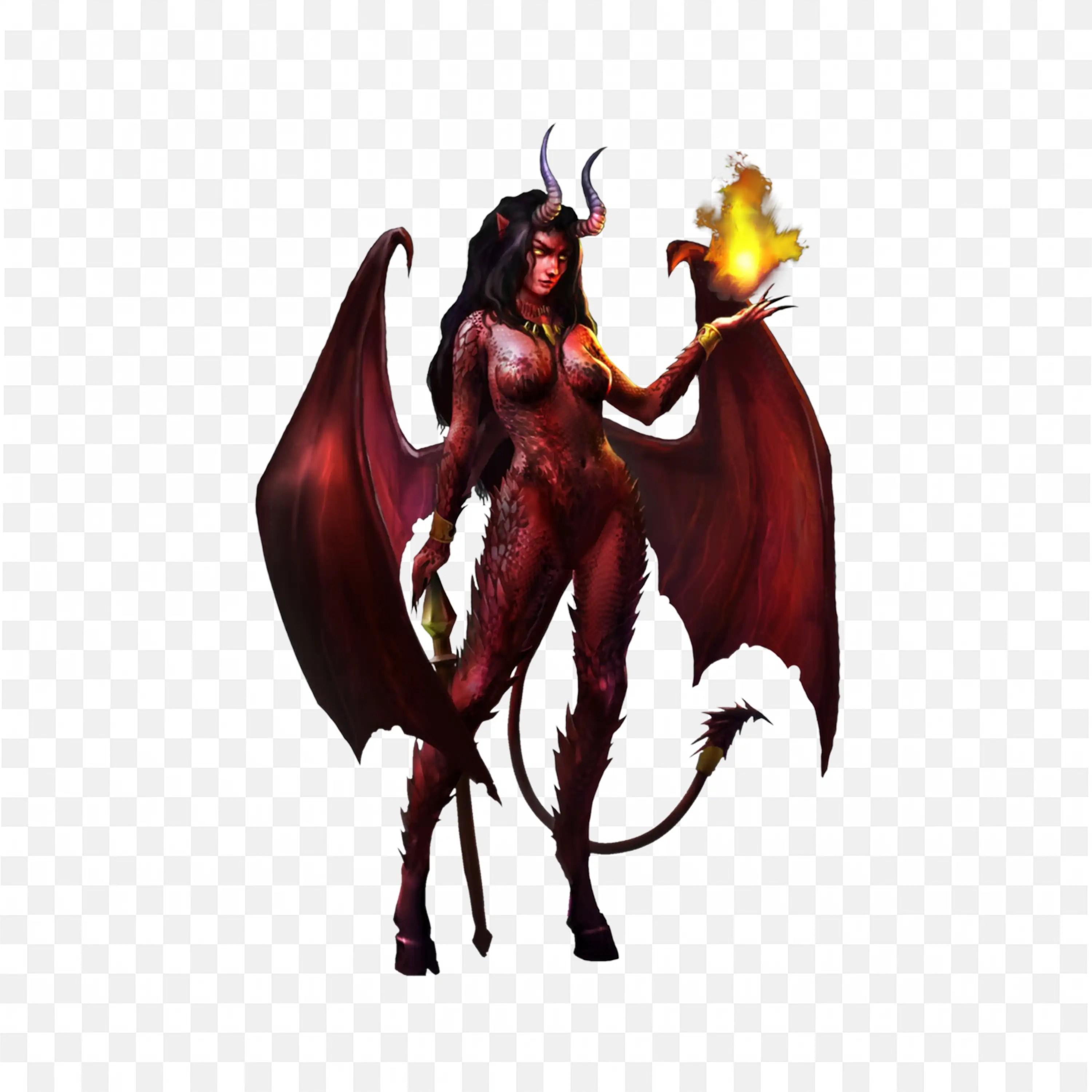 Demon Woman in Red Wings and Fire in Hand Free Png