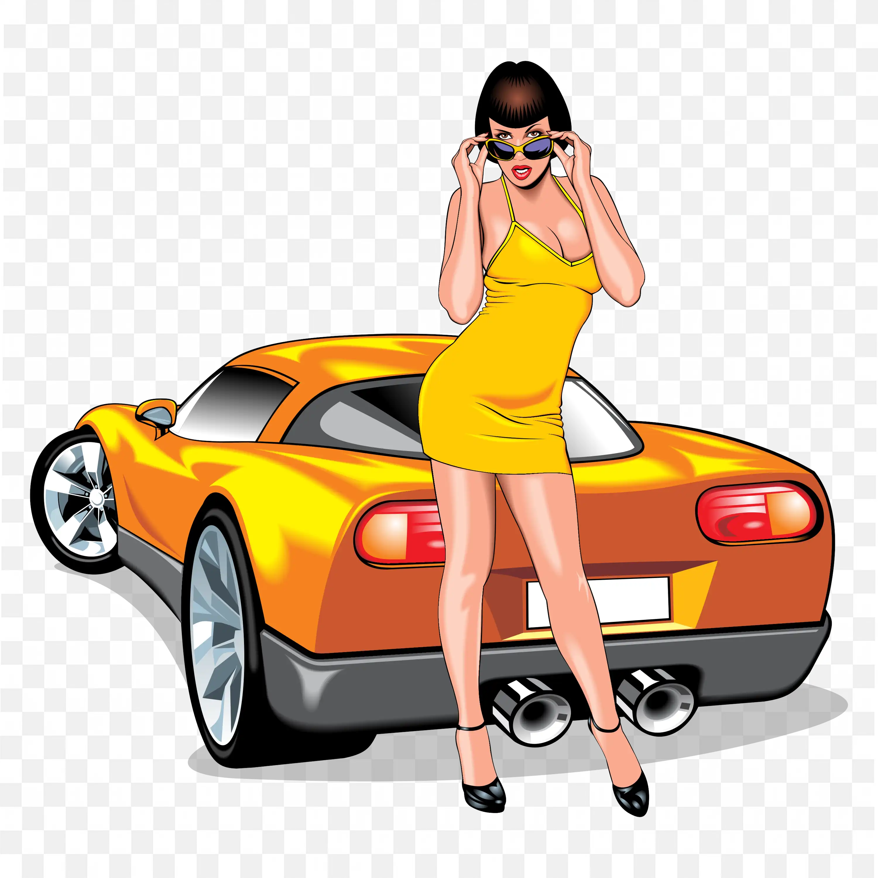 Download the Stylish Woman in Yellow Dress with Orange Car Png