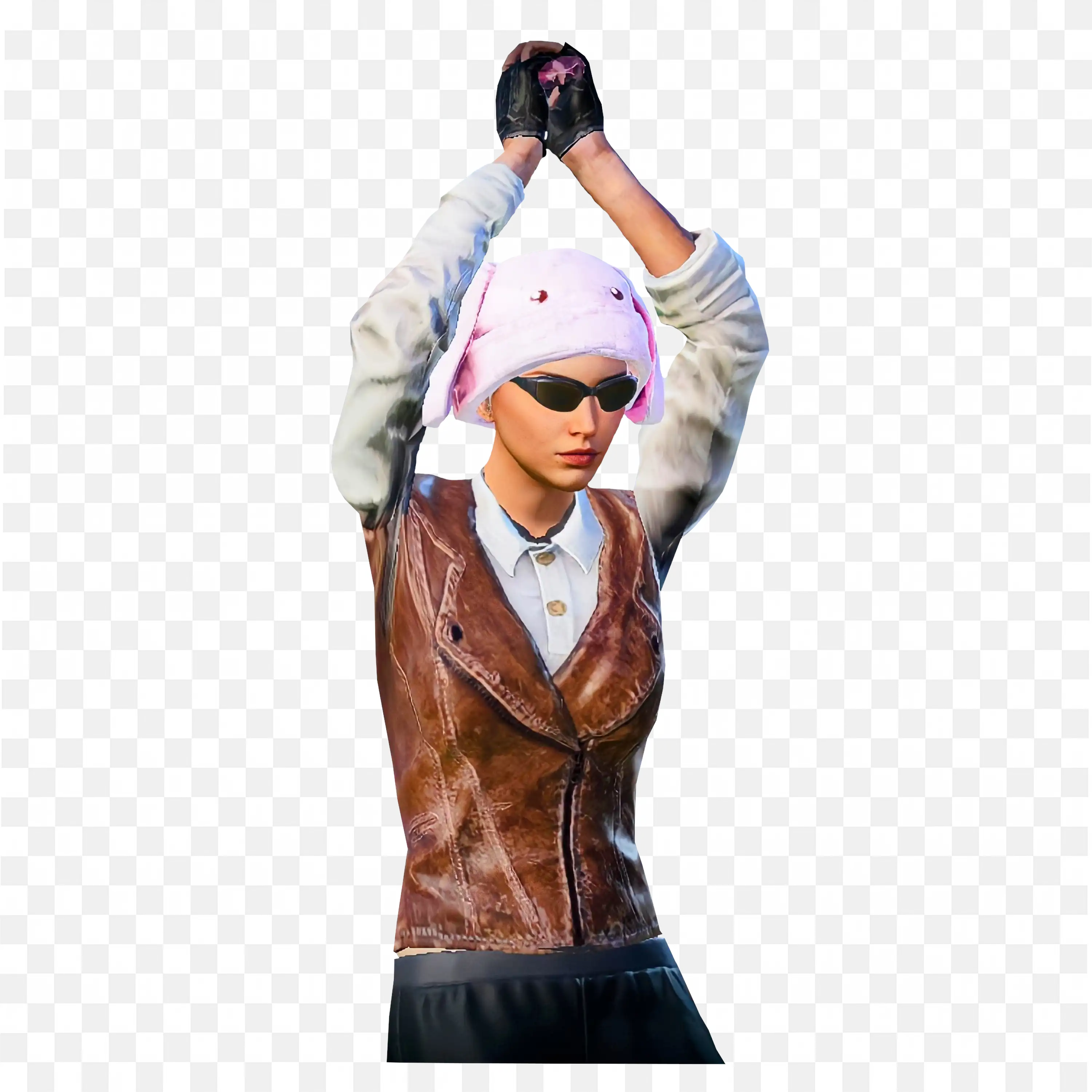 Female Character in Bunny Hat and Leather Raising Hands Png