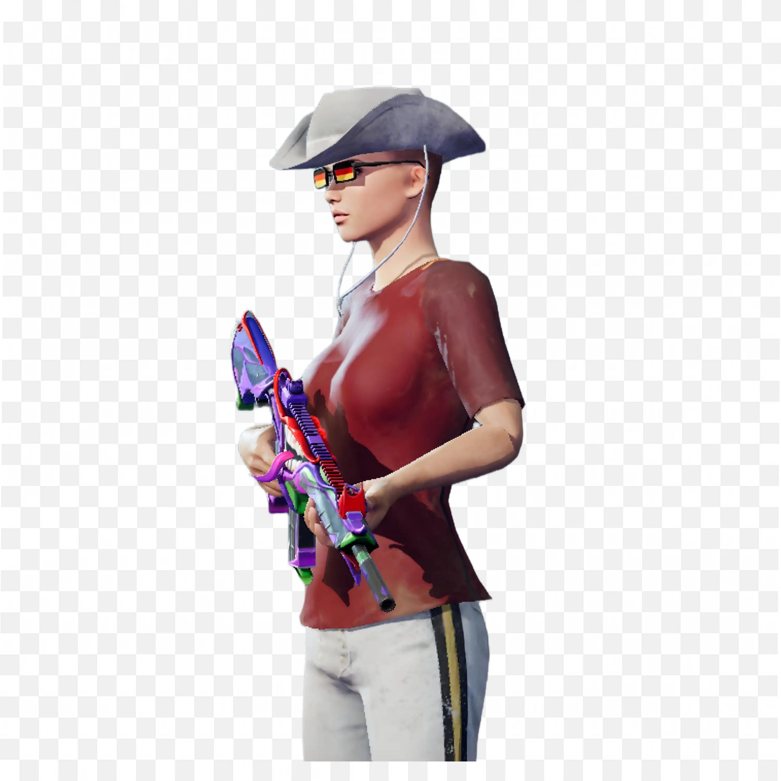Female Gamer Character with Colorful Gun and Western Hat