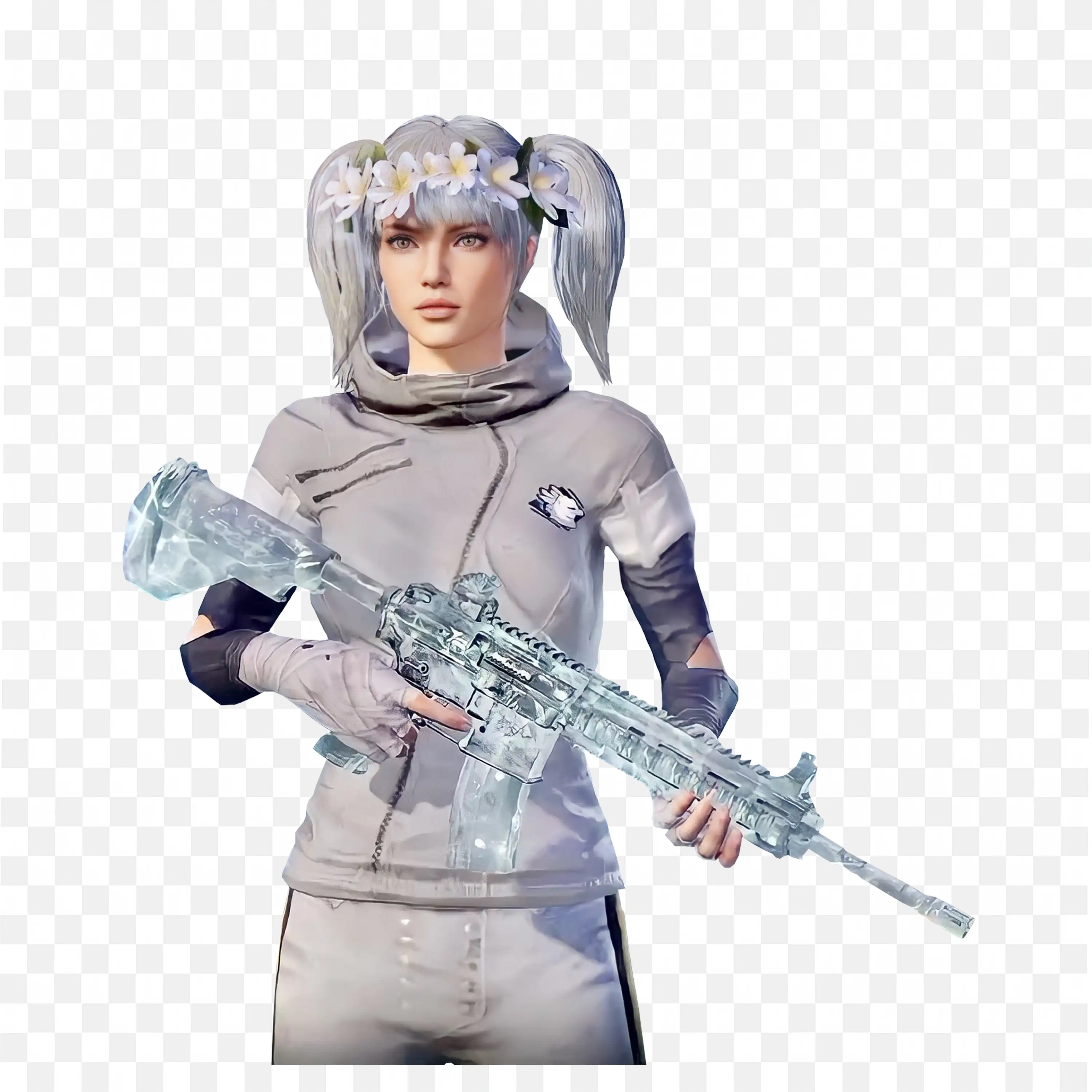 Female Gamer with Frozen Rifle and Floral Headband Png Free