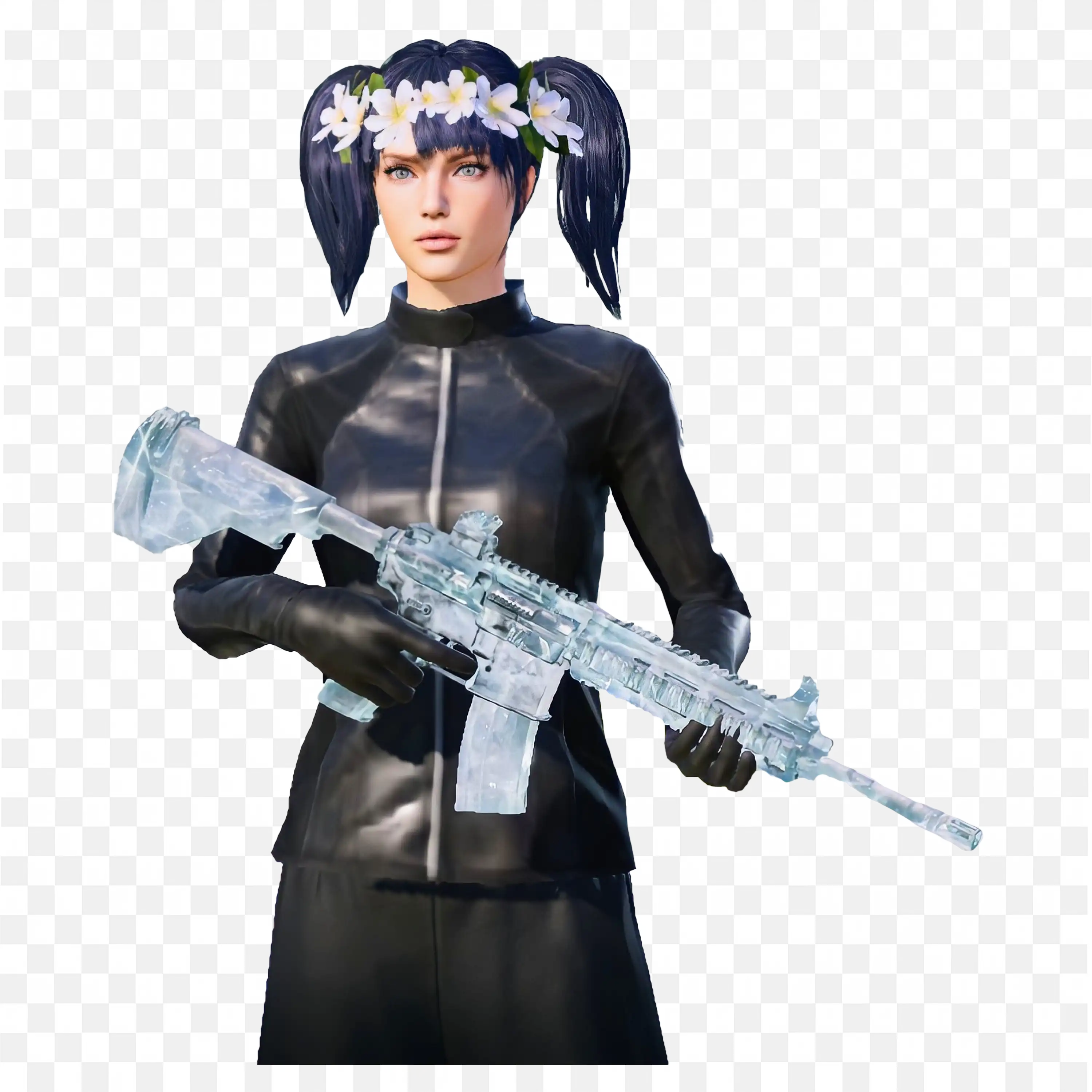 Female Warrior in Black Suit and Ice Gun Png Free Download