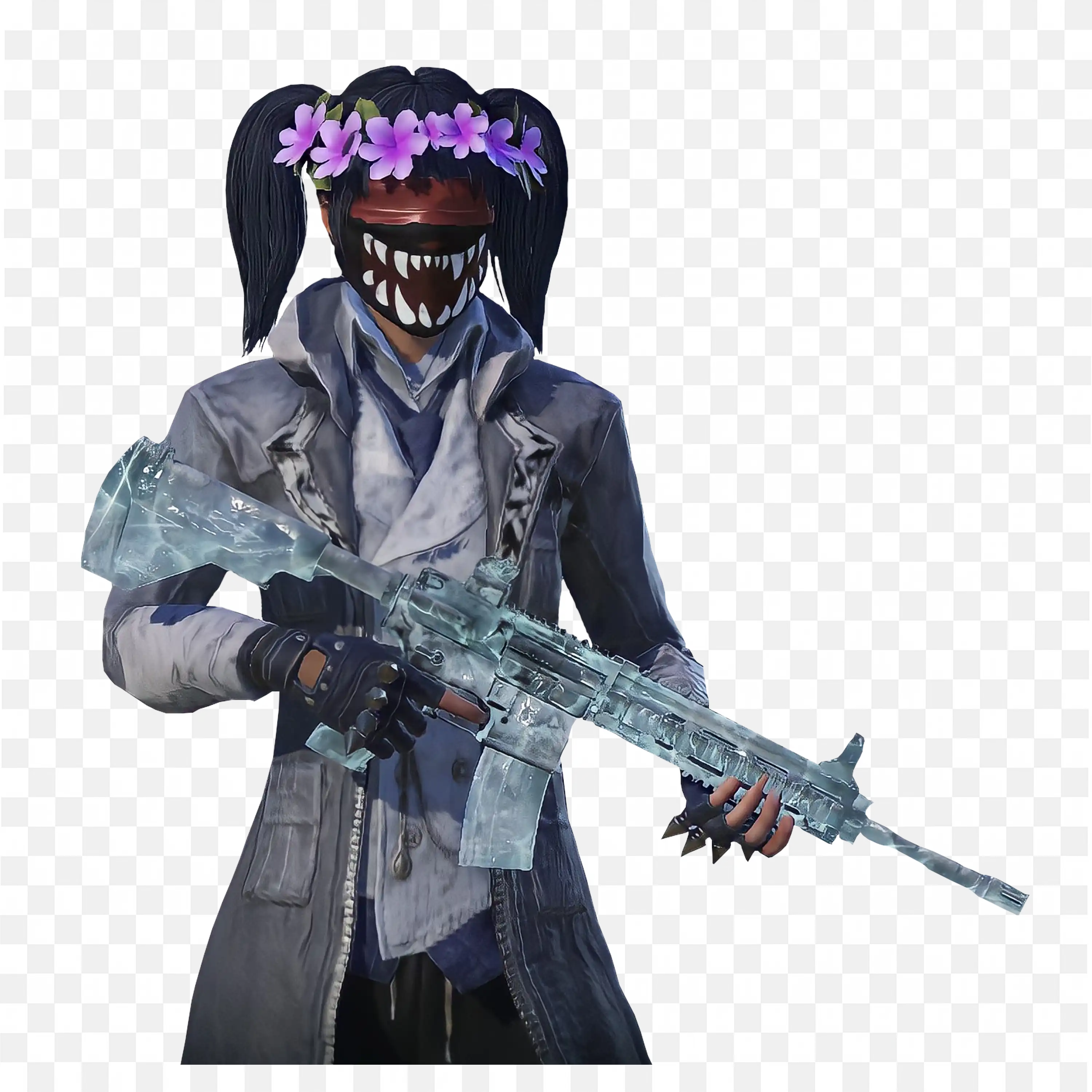 Female Warrior with Gloves Floral Crown and Gun Png Free