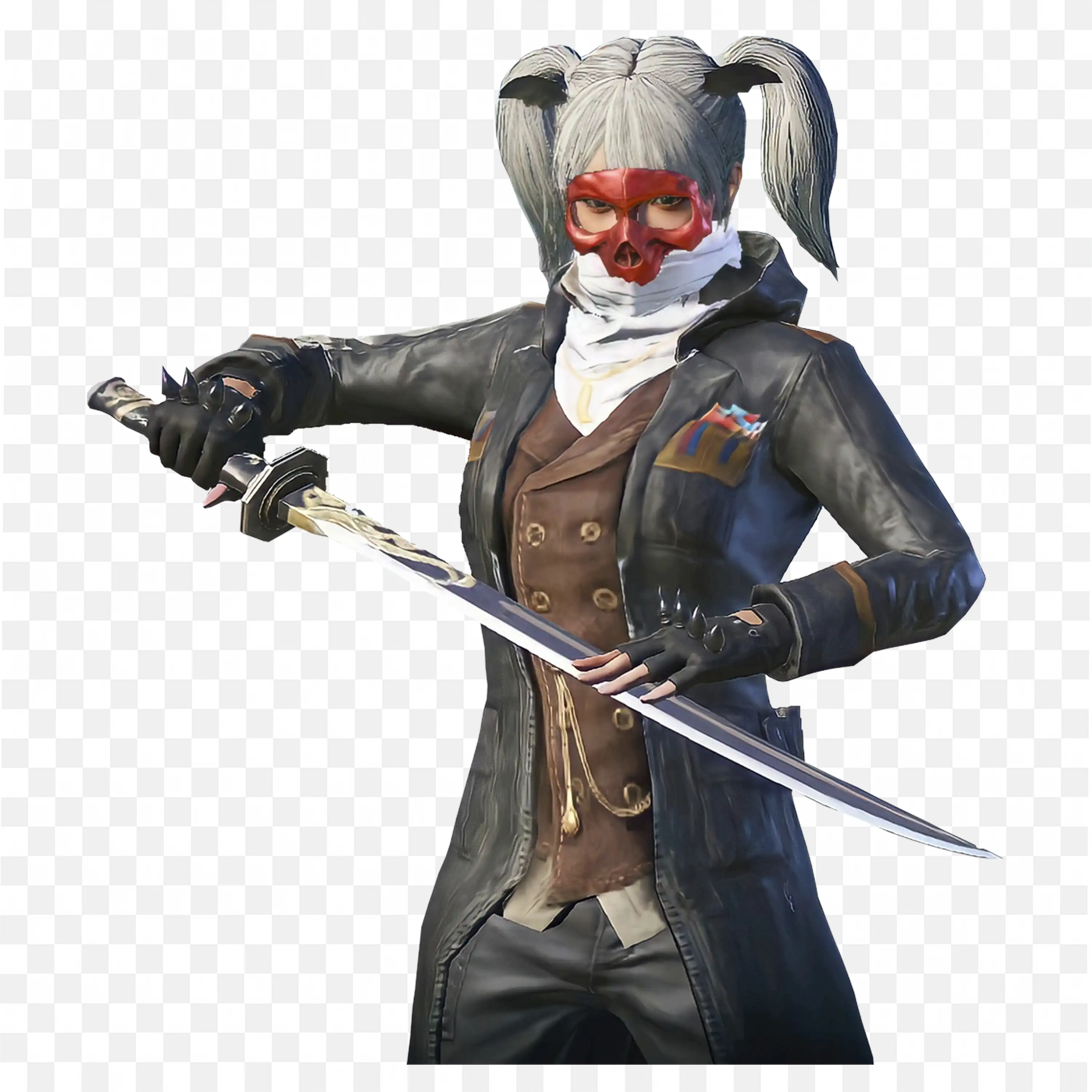Female Warrior in Skull Mask and Swords and Pigtails Free Png