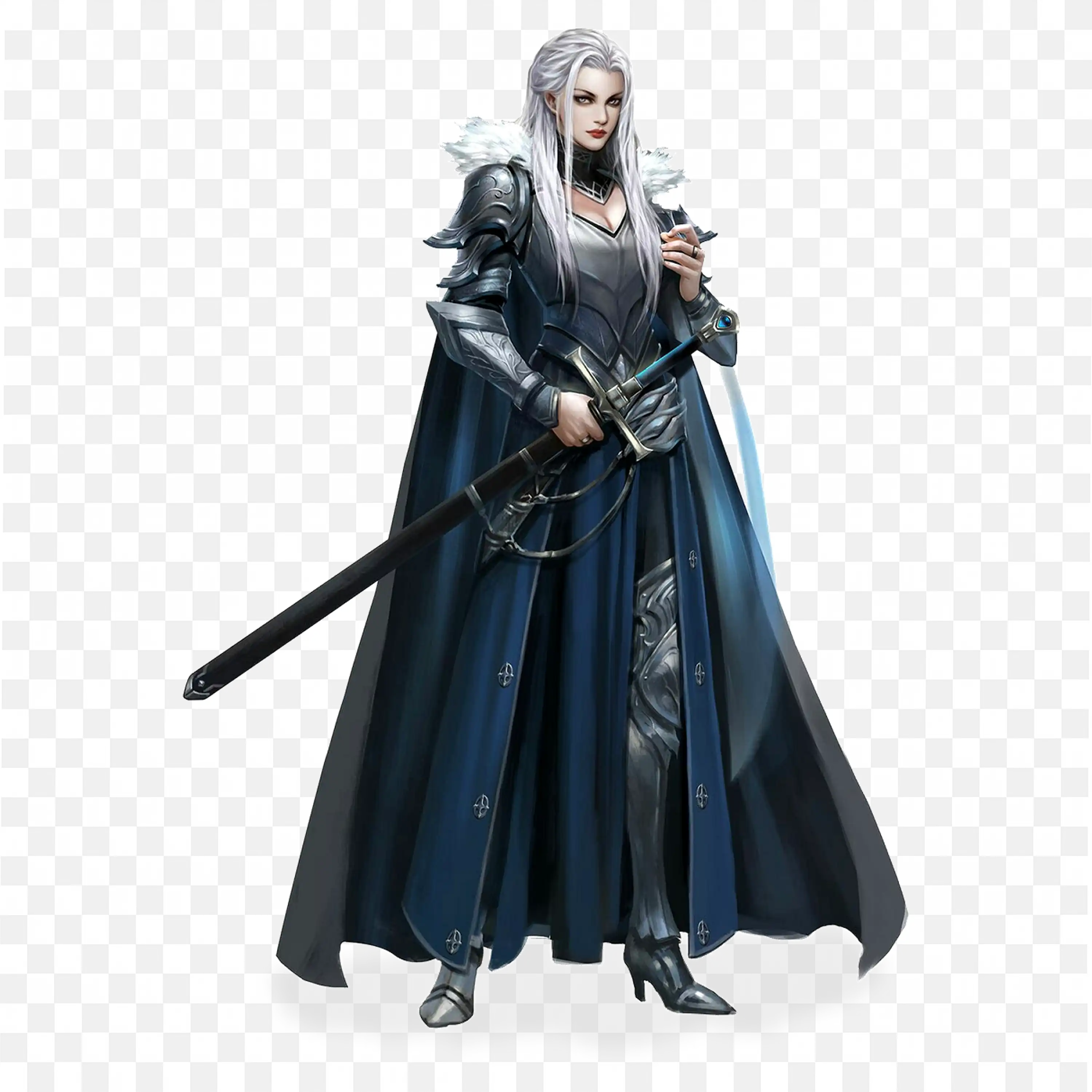 Furious Female Knight in Dark Armor Holding a Long Sword Png
