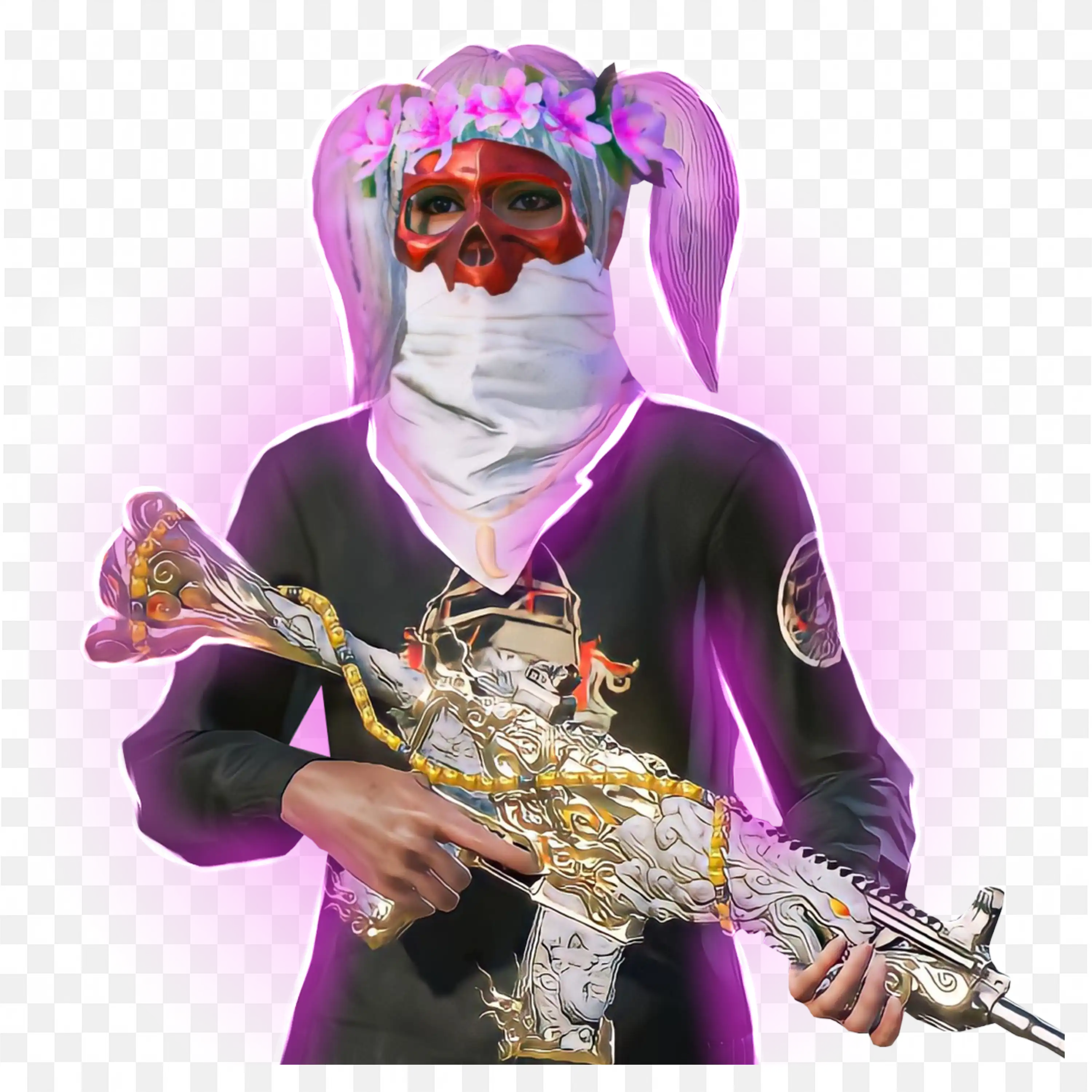 Gamer with Skull Mask and Pink Hair with Gold Gun Free Png