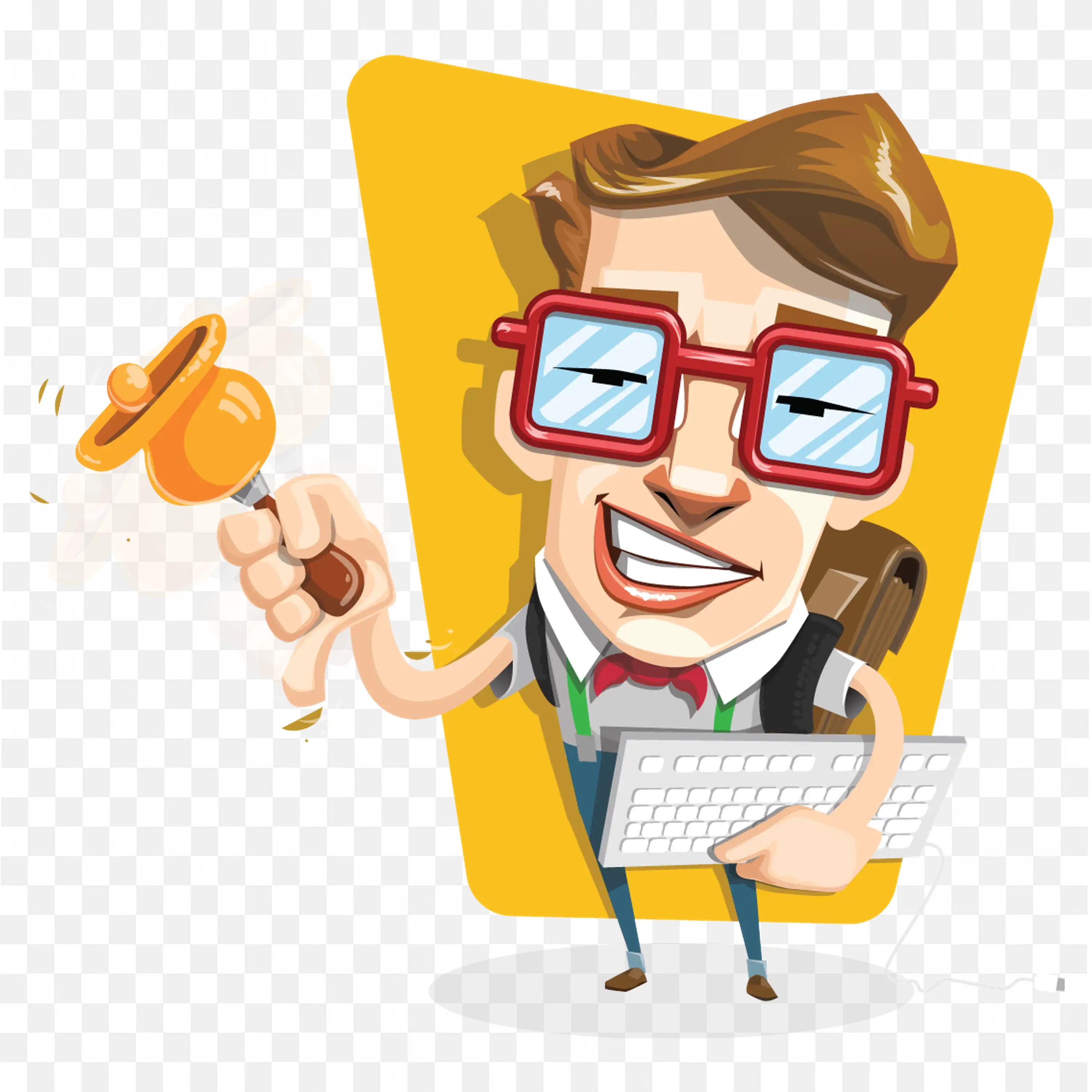 Geeky Cartoon Guy with Big Glasses Holding Keyboard and Plunger