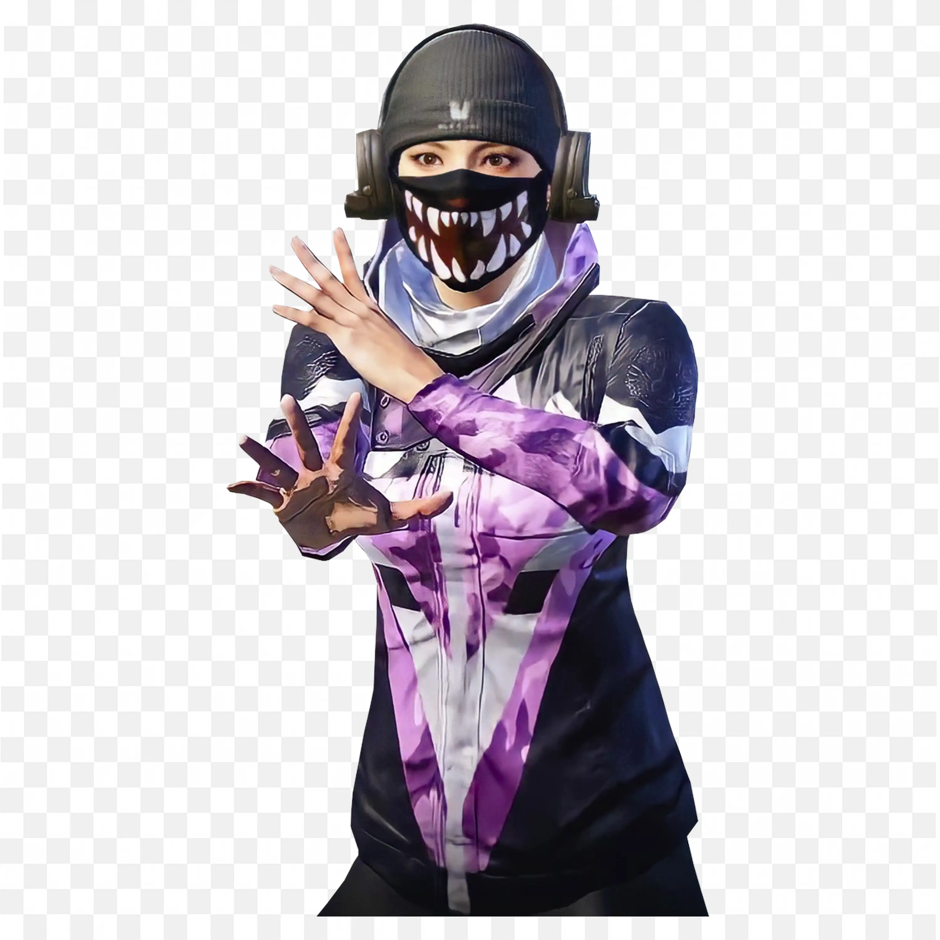 Girl in Purple and Black Jacket Wearing a Toothy Mask Free Png