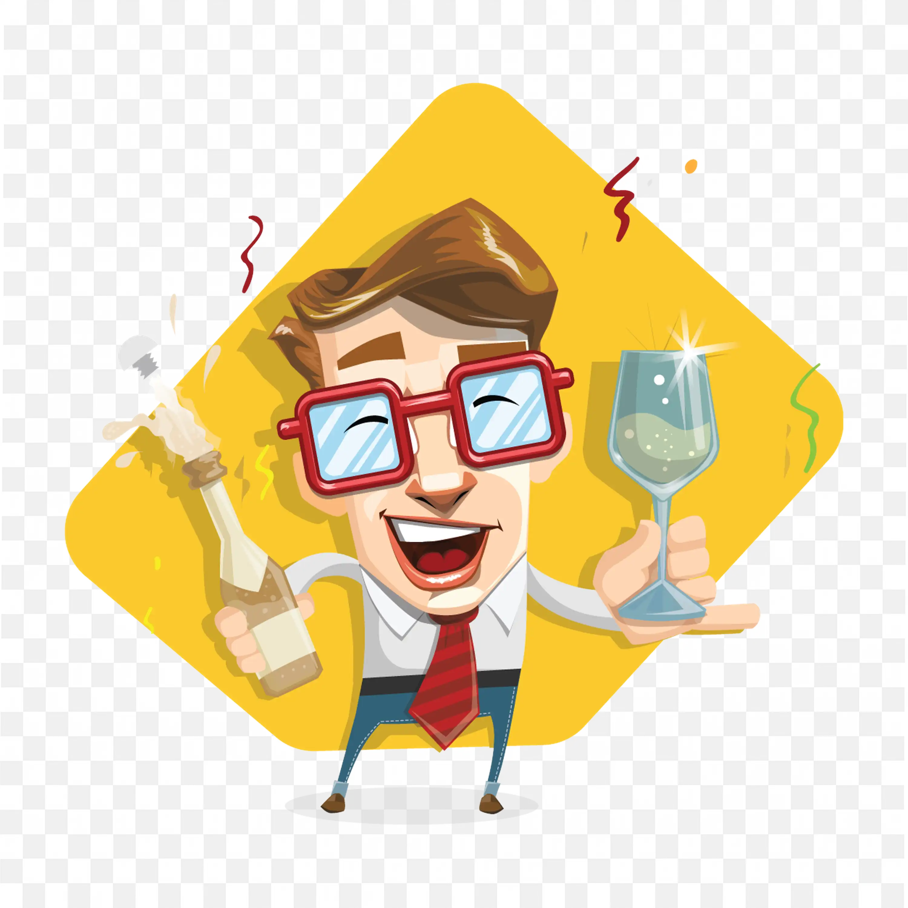 Happy Cartoon Man Celebrating with Drink and Glass