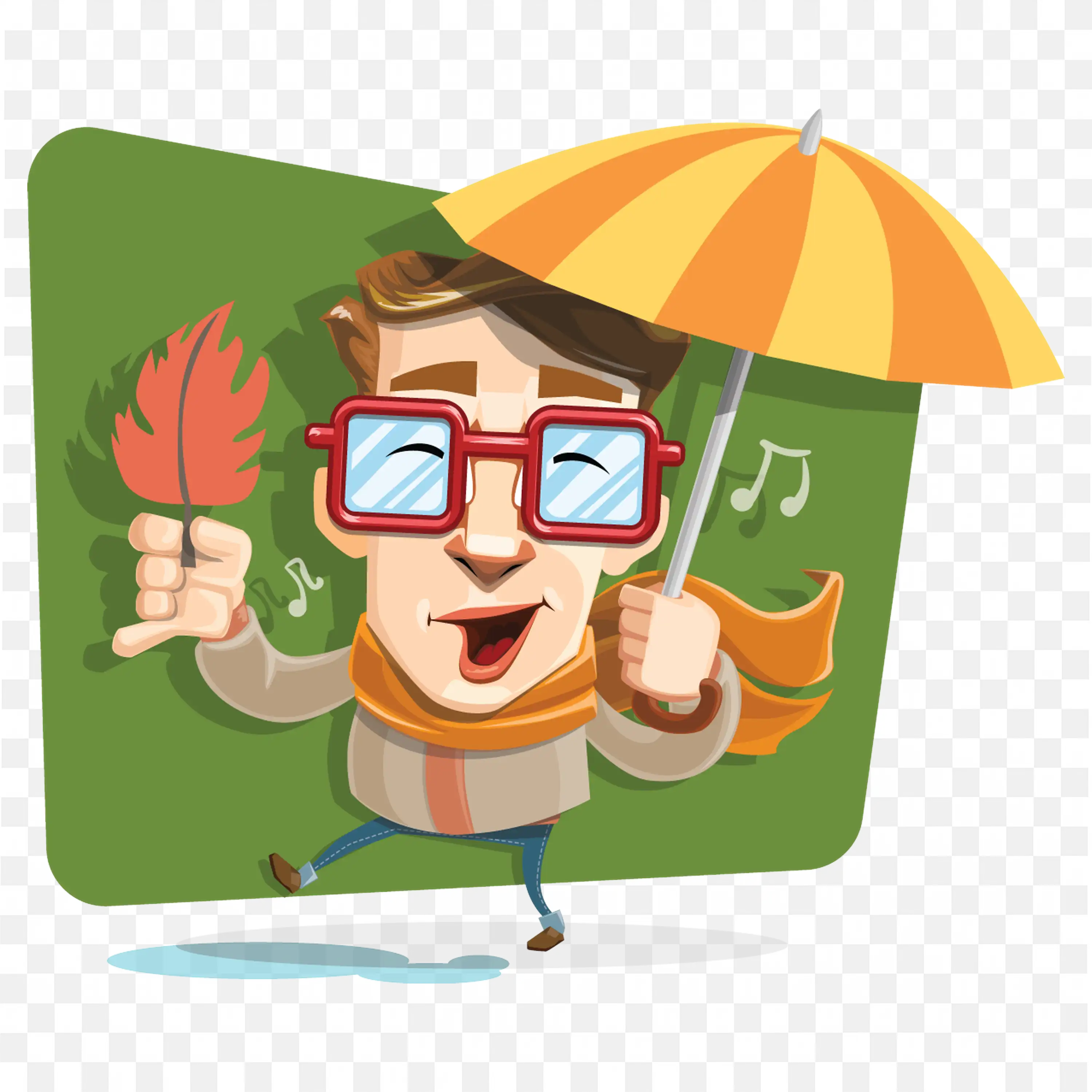 Happy Cartoon Man in Scarf with Umbrella & Leaf