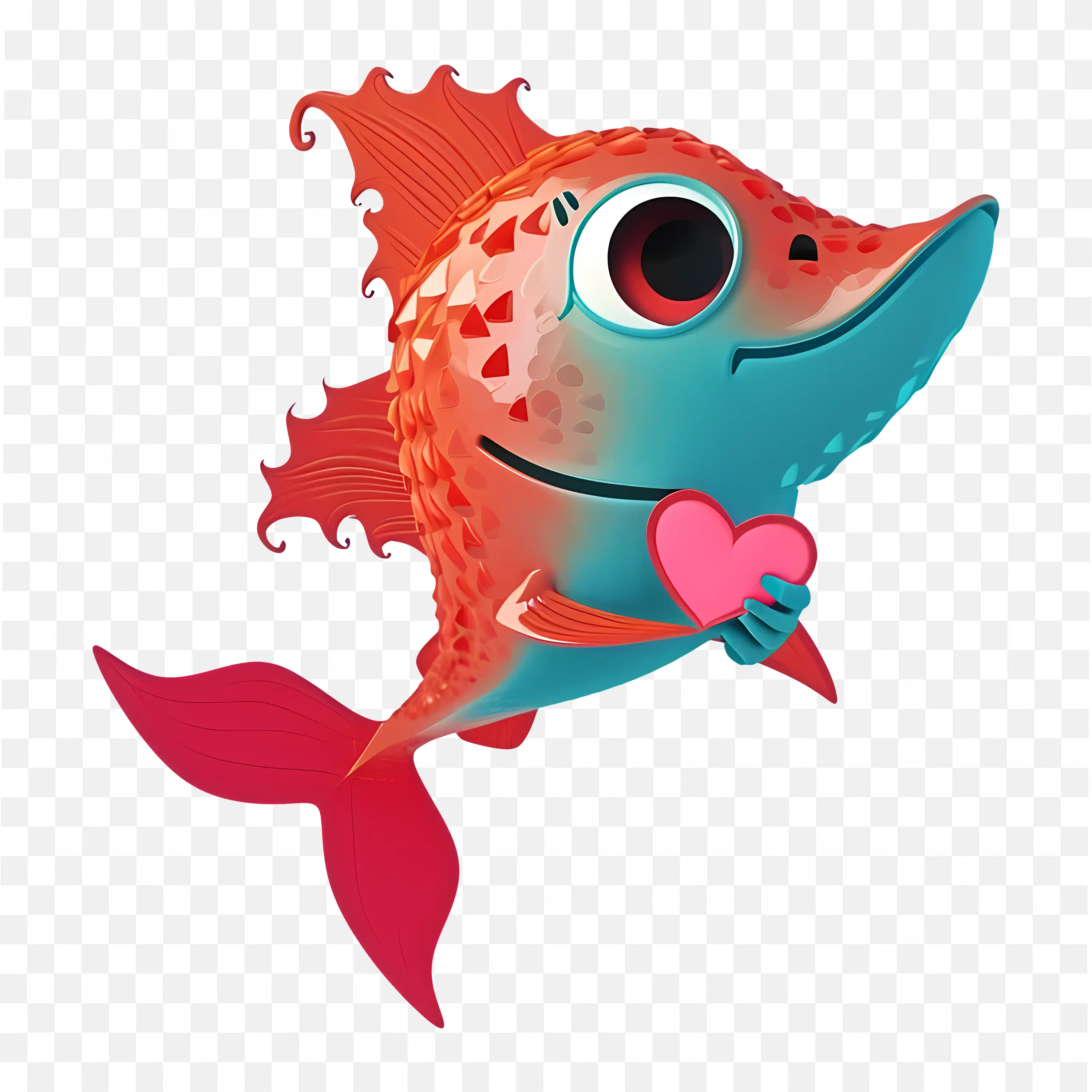 Happy 3D Cartoon Valentine Fish Holding Heart Png
