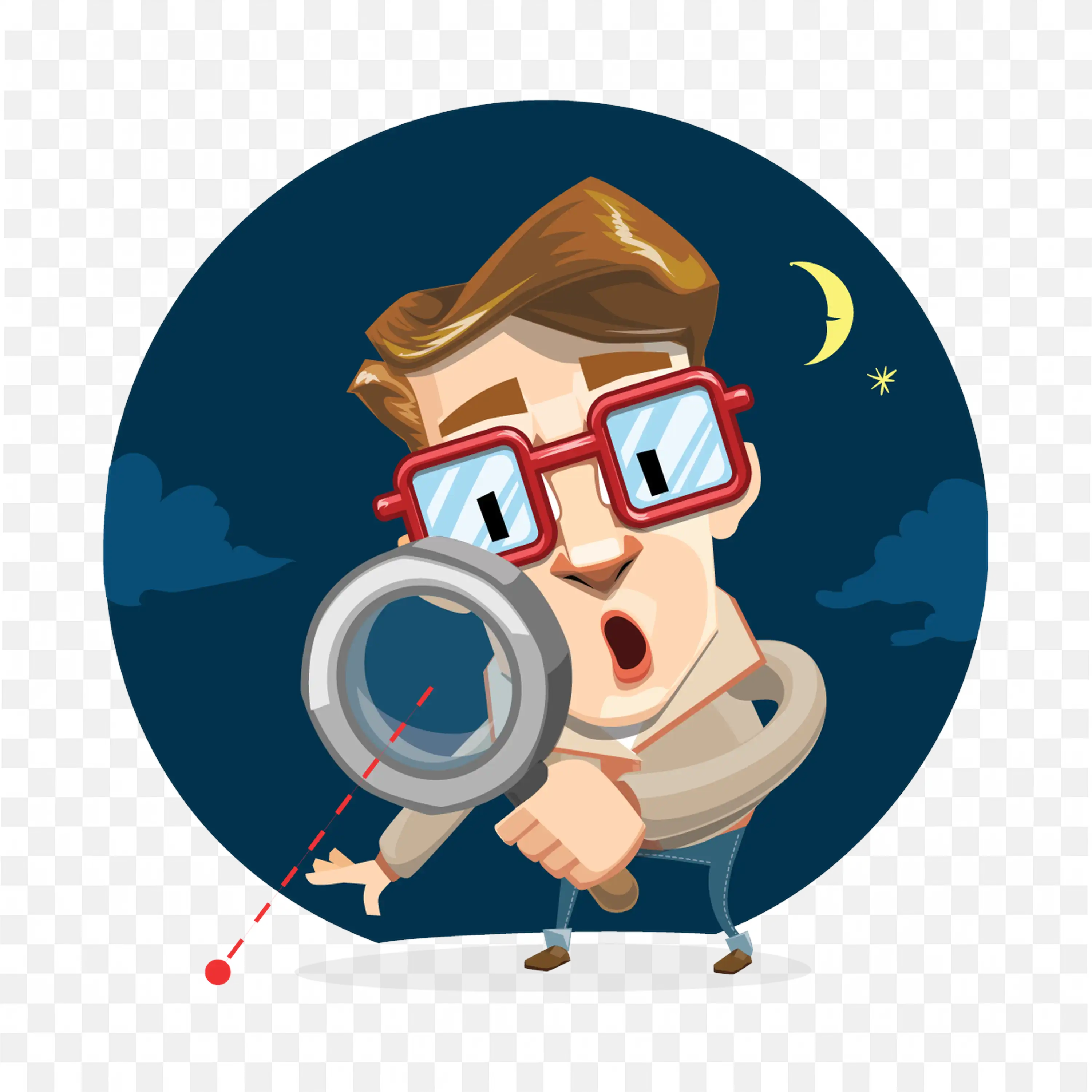 Man Investigates with Magnifier Under Moonlight Free Png