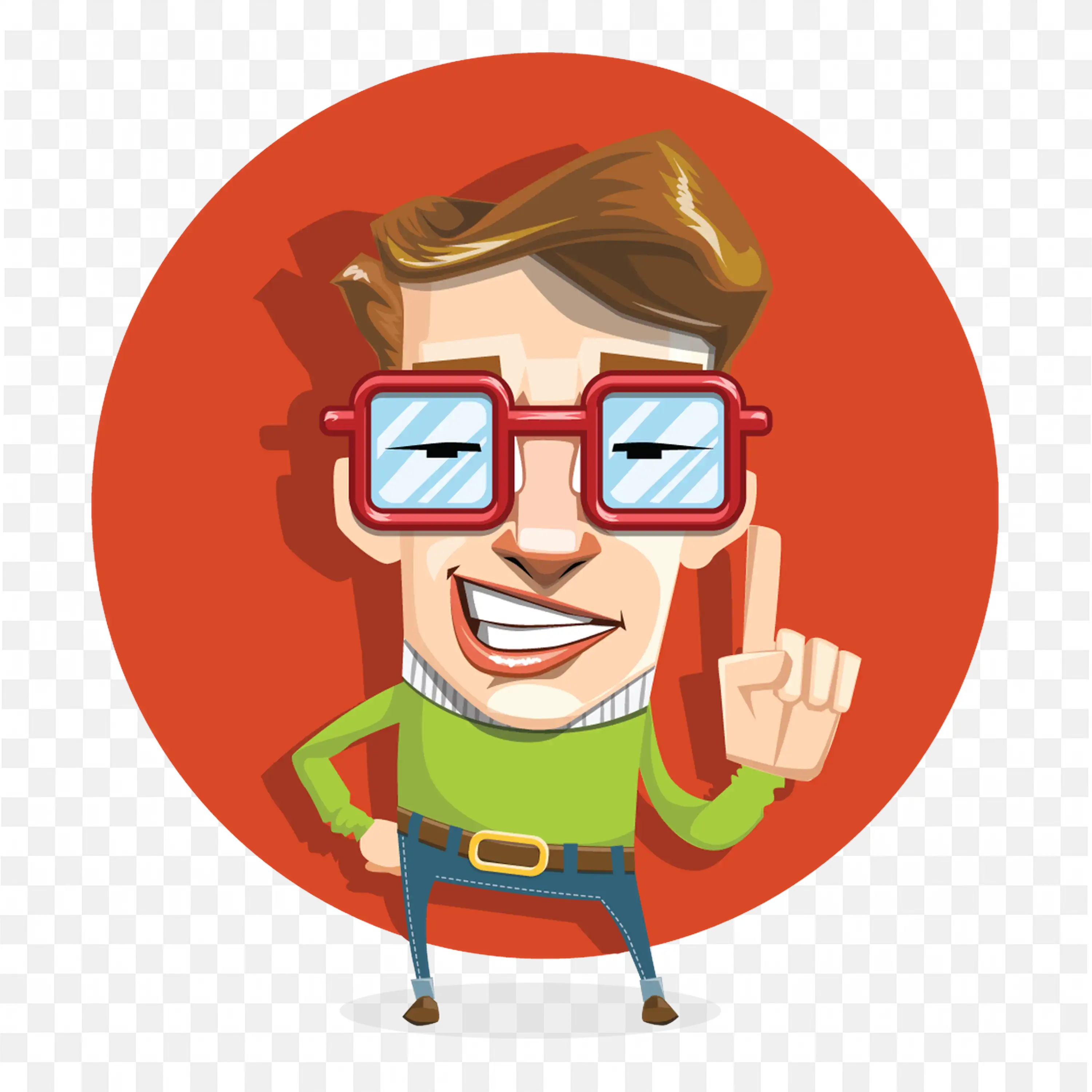 Man with Red Glasses Pointing Up At Red Background Png Free