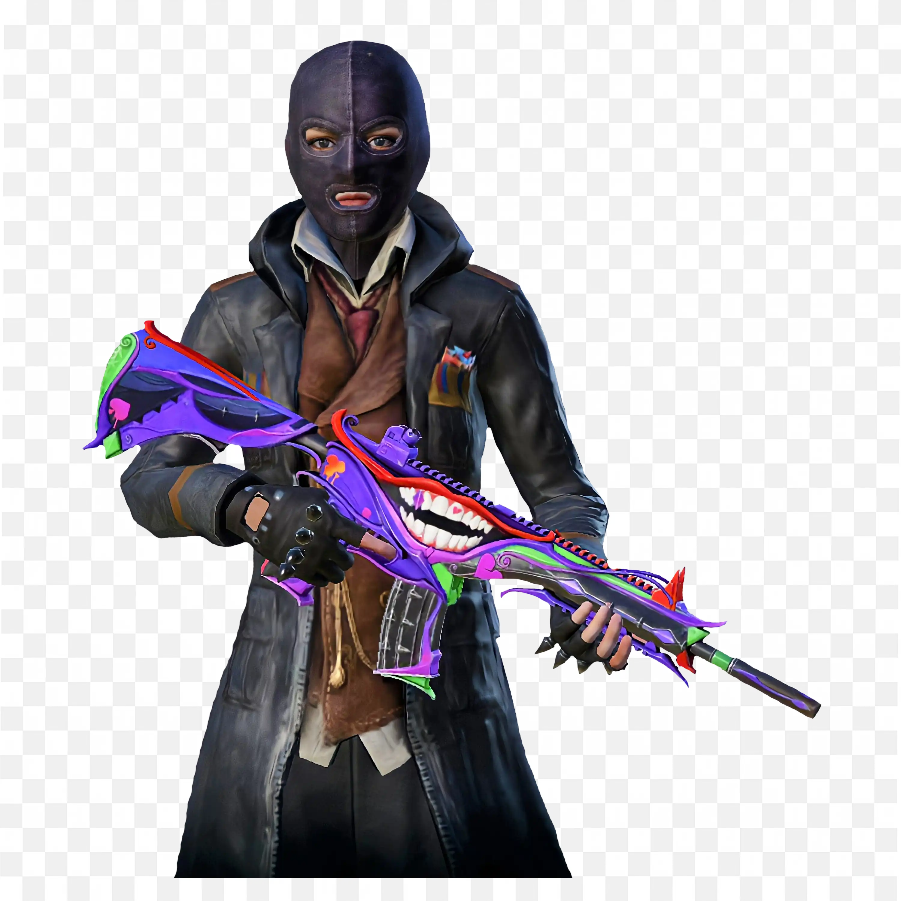 Masked Figure in Dark Coat Holding a Stylized Rifle Png