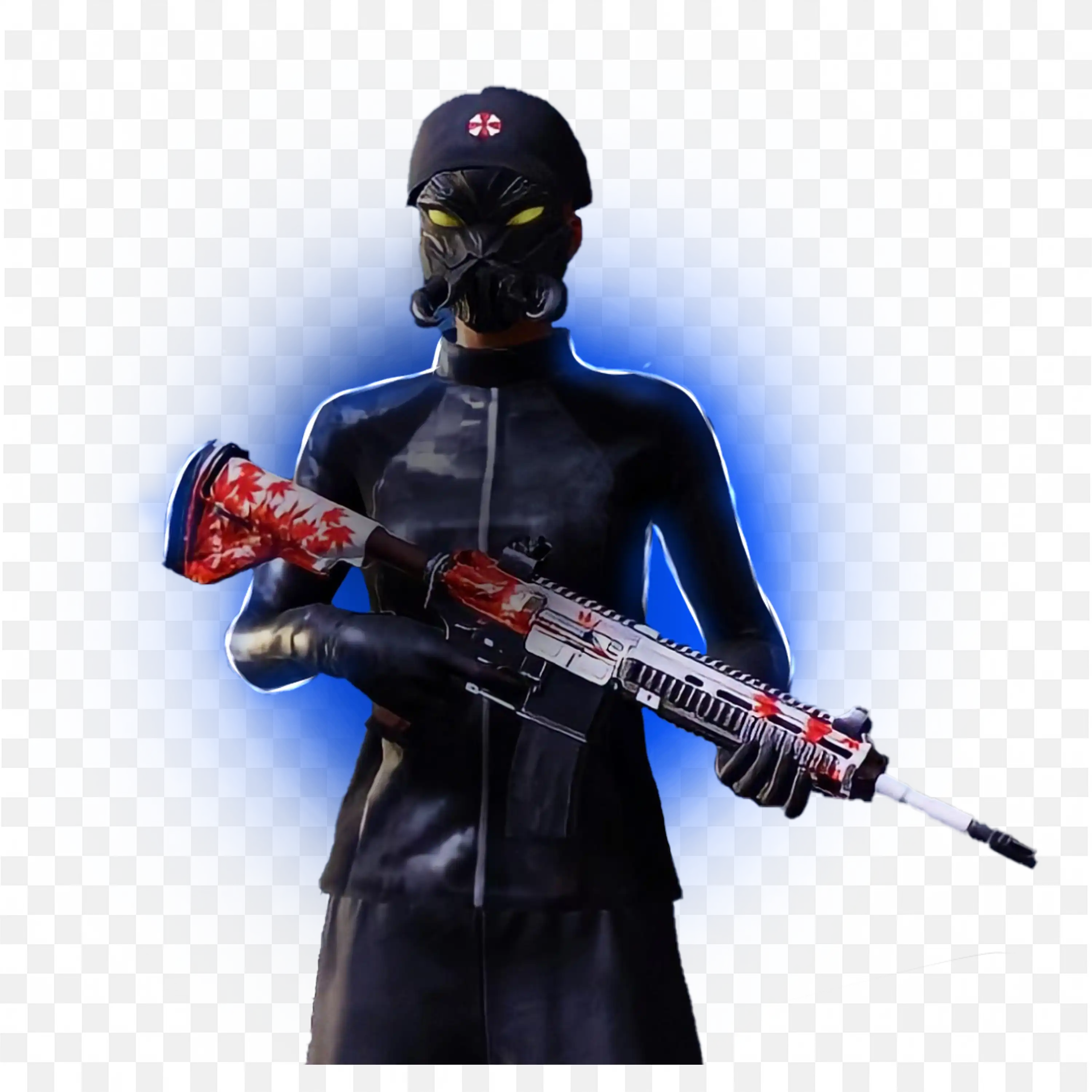 Masked Soldier with Red Maple Rifle and Blue Background Png