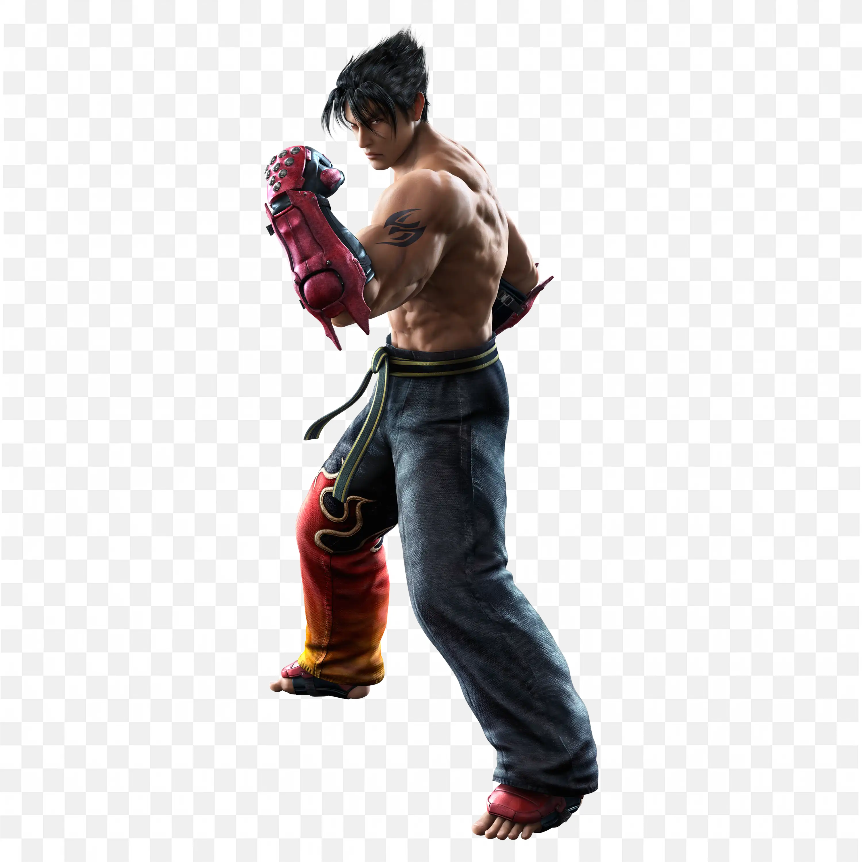 Muscular Artist with Red Gauntlets and Tribal Tattoo Image