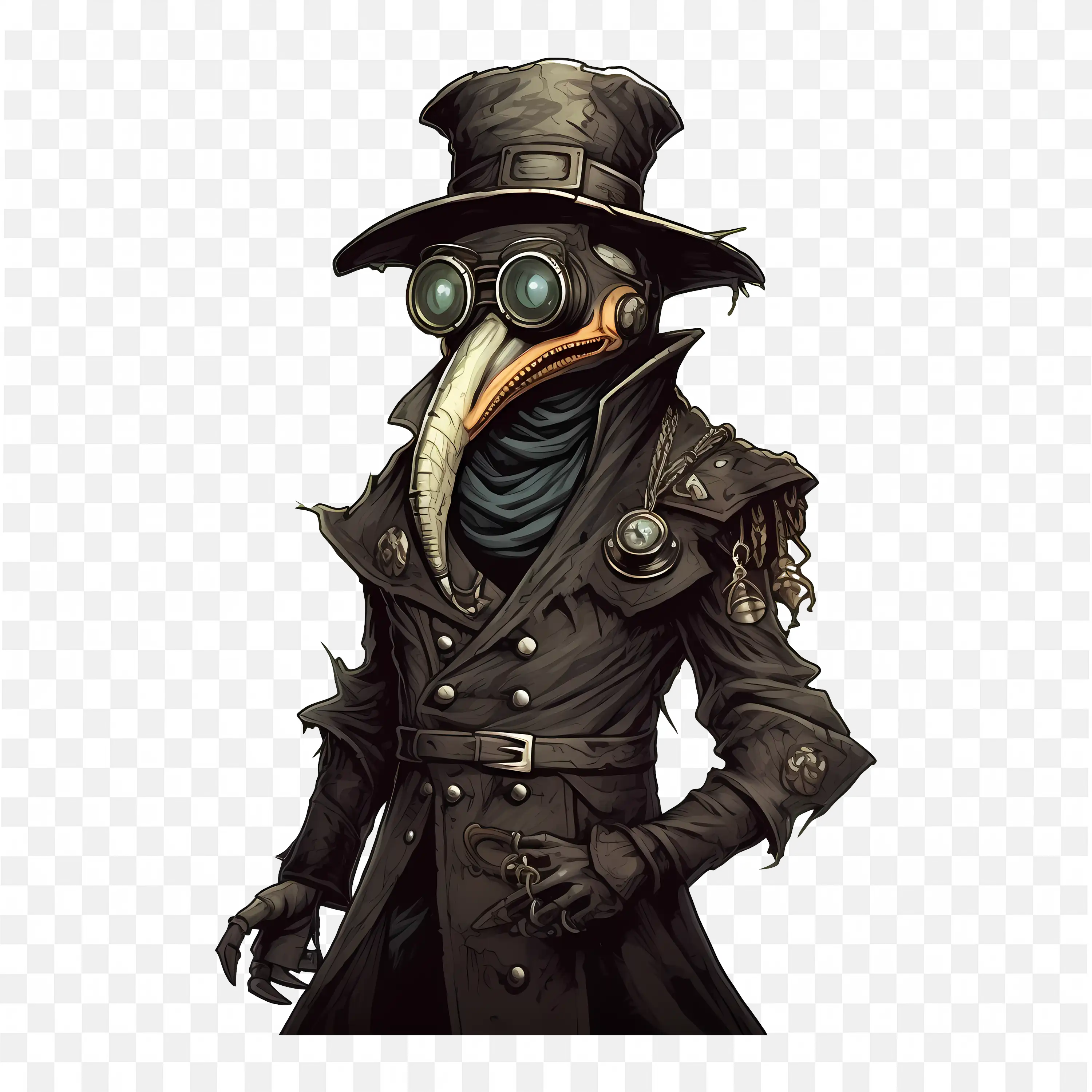 Plague Doctor in a Dark Coat and Hat with Vintage Mask Png