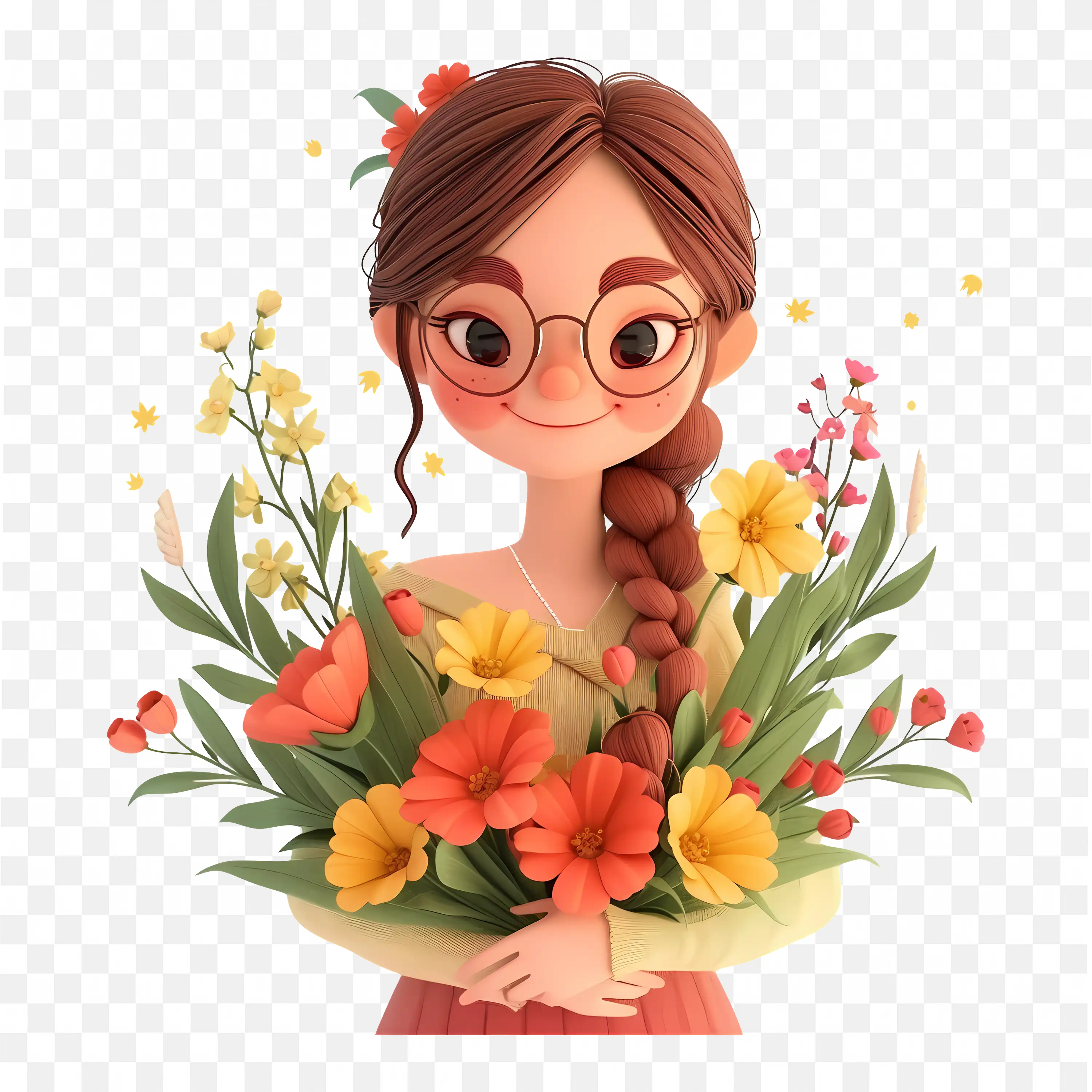 Smiley Cartoon Character Girl Holding Flowers on Hands