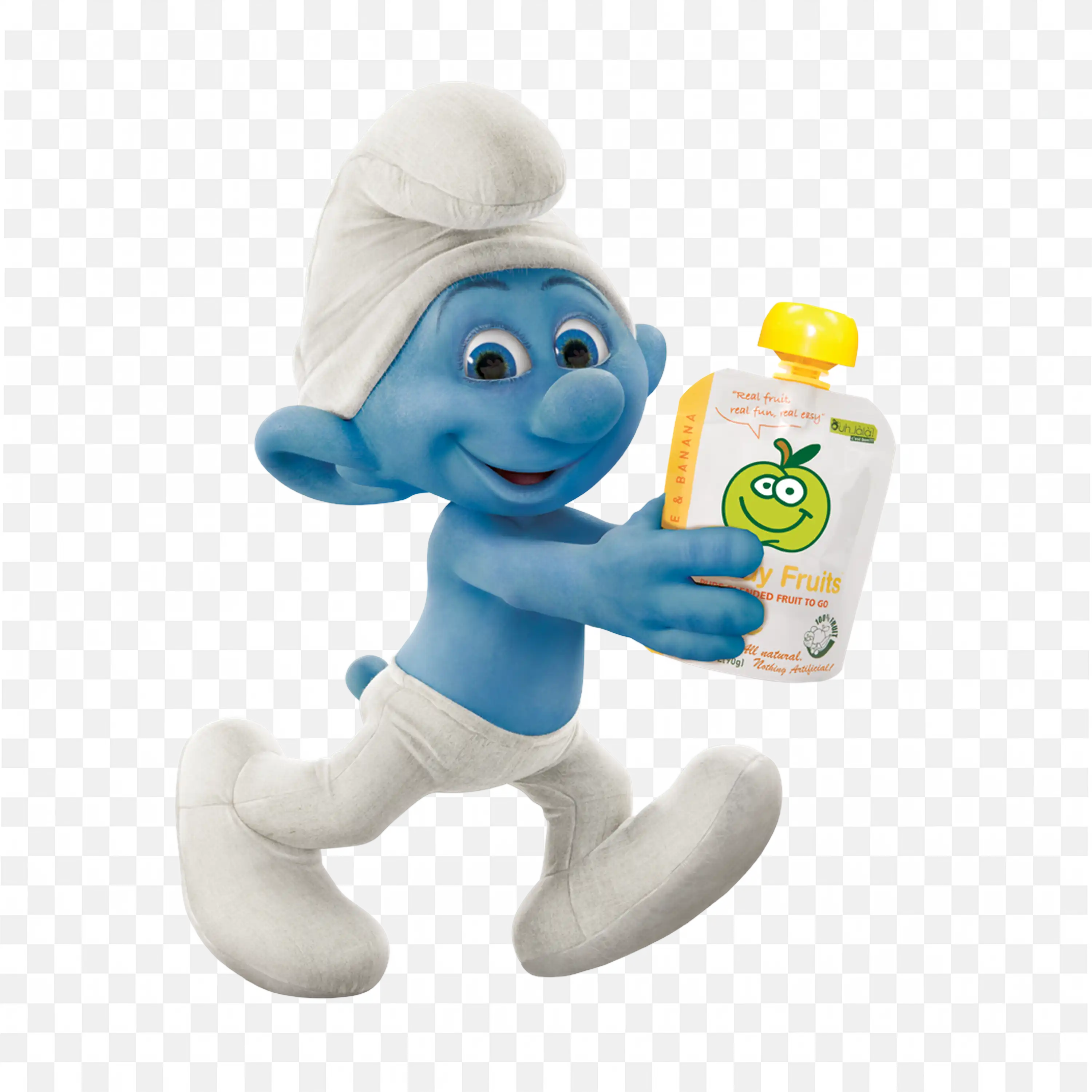 Smiling Smurf Holding a Healthy Fruit Snack Pouch Free Png